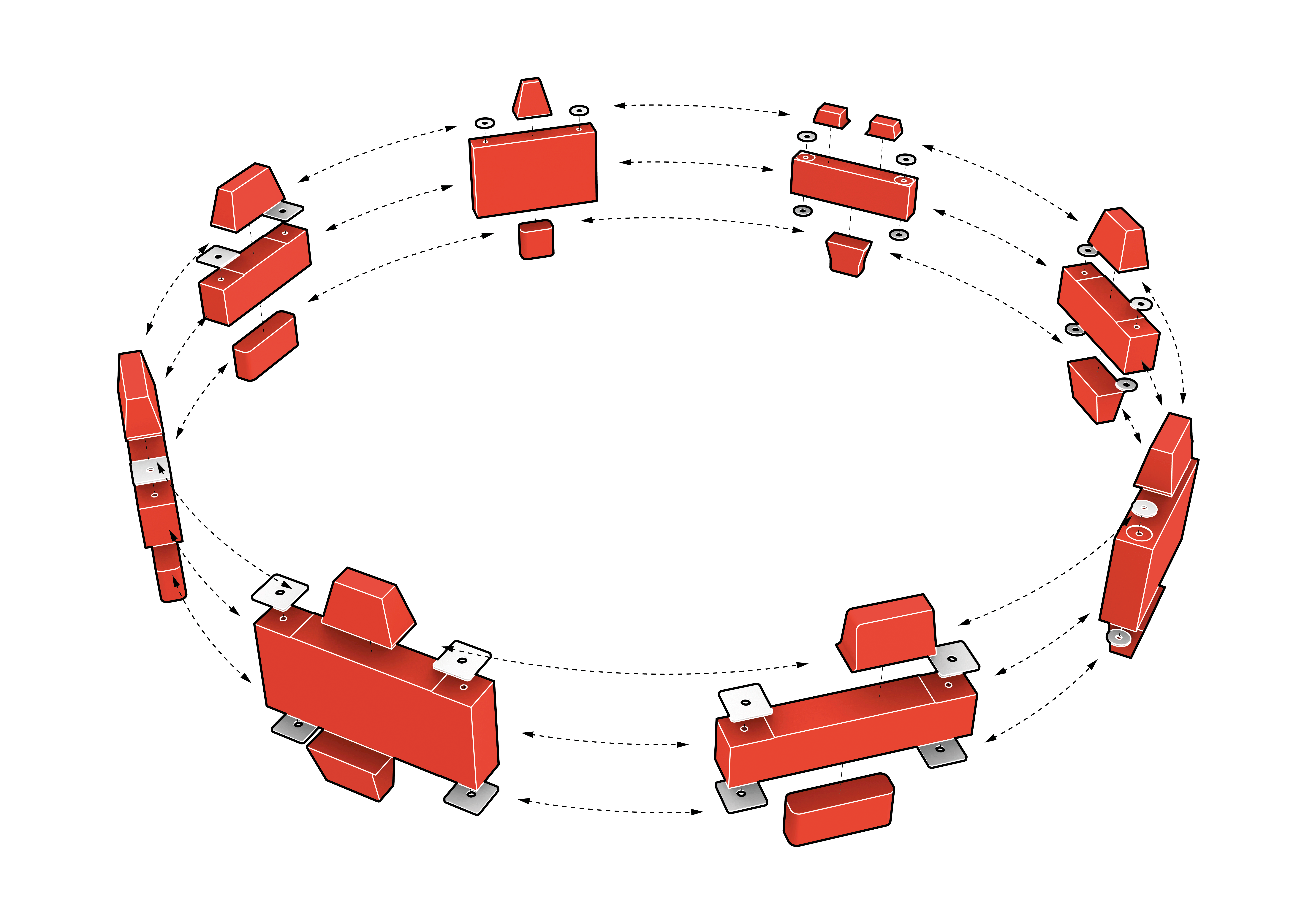 System geometrisch ähnlicher Dübel (links oben). Im weiß markierten Bereich der Trägerlage E (links unten) sind alle übereinanderliegenden Dübel identisch.