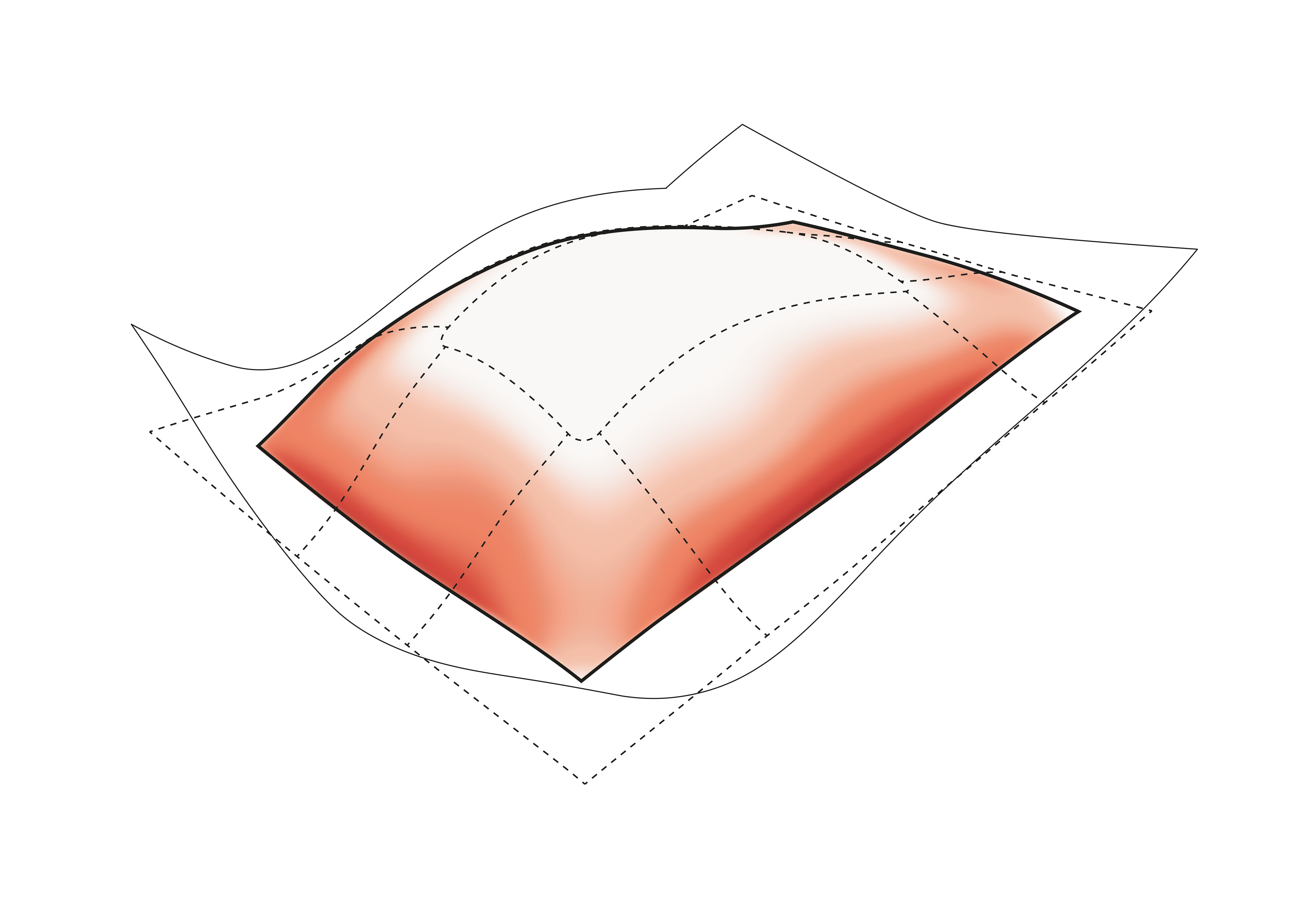 System geometrisch ähnlicher Dübel (links oben). Im weiß markierten Bereich der Trägerlage E (links unten) sind alle übereinanderliegenden Dübel identisch.