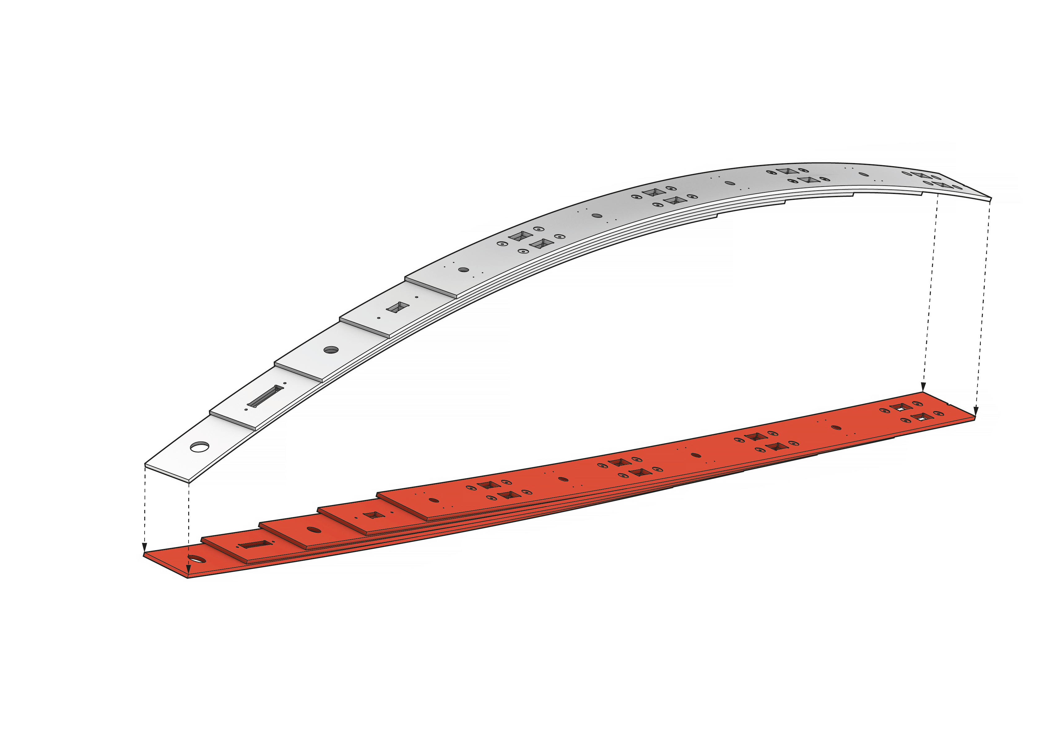 Um die LVL-Lamellen mit allen Dübellöchern flach produzieren zu können, mussten sie erst aus dem „gekrümmten“ 3D-Modell abgewickelt werden.
