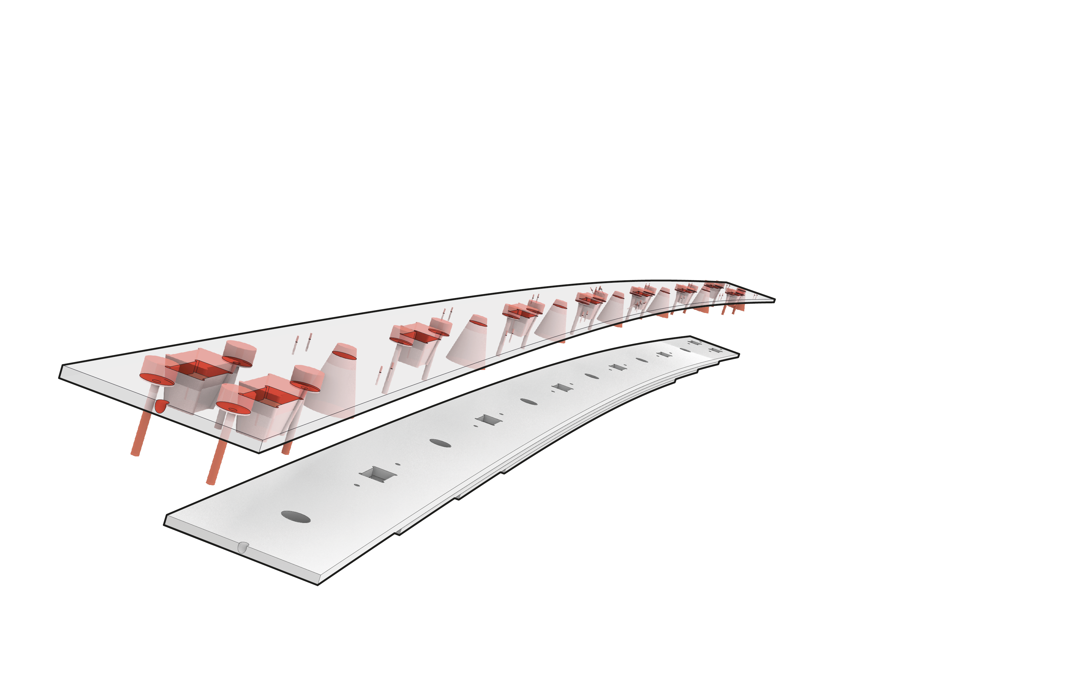 Um die LVL-Lamellen mit allen Dübellöchern flach produzieren zu können, mussten sie erst aus dem „gekrümmten“ 3D-Modell abgewickelt werden.