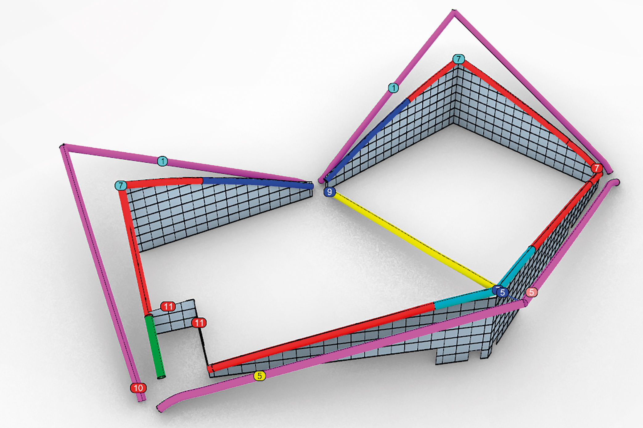 Modellbasierte Werk-und Montageplanung der Unterdecke. Darstellung der relevanten Zwangspunkte im 3D Modell.