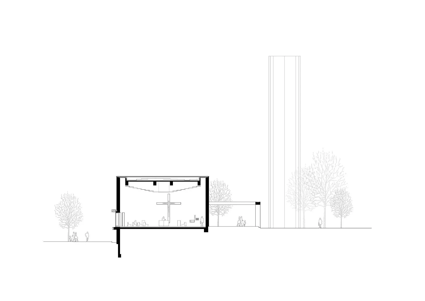 Querschnitt durch Gebetsraum mit Ansicht Kirchturm, Grafik