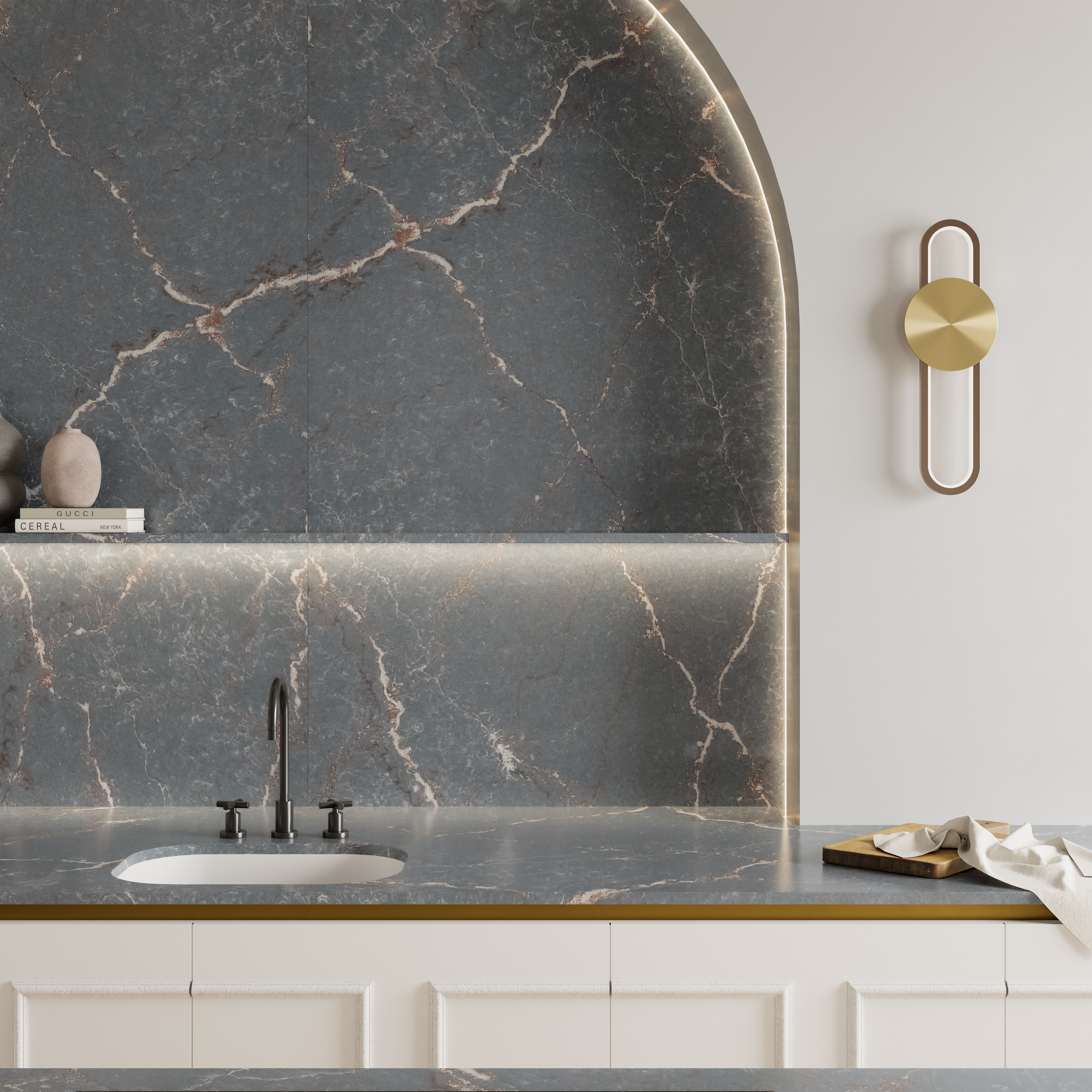 Silestone Parisien Bleu von Cosentino präsentiert sich mit gold-glitzernden Highlights très chic.