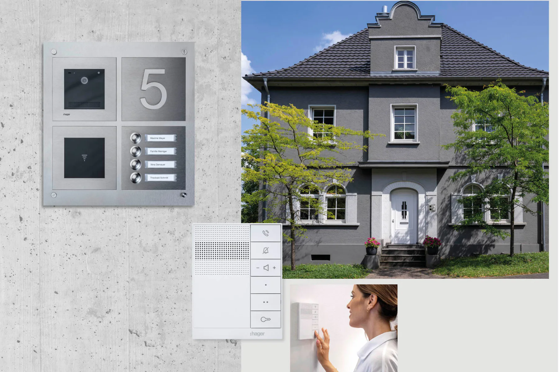 Innerhalb des Türkommunikationssystems Hager intercom sind diverse Innen- und Außenstationen miteinander kombinierbar. Hier die Außenstation intercom modular und die Innenstation intercom speak.