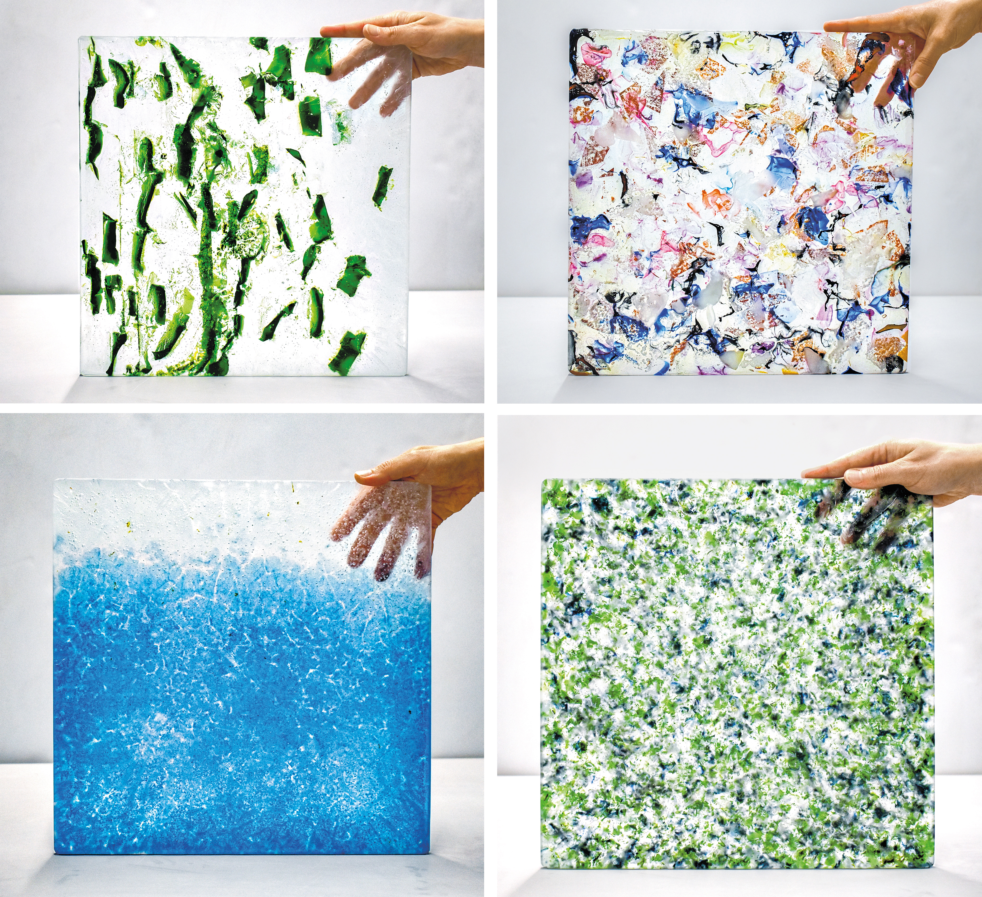 Cast glass panels from different waste streams created during material experiments at TU Delft (clockwise from top left): enamel glass, art glass, oven doors, and transition float glass.
