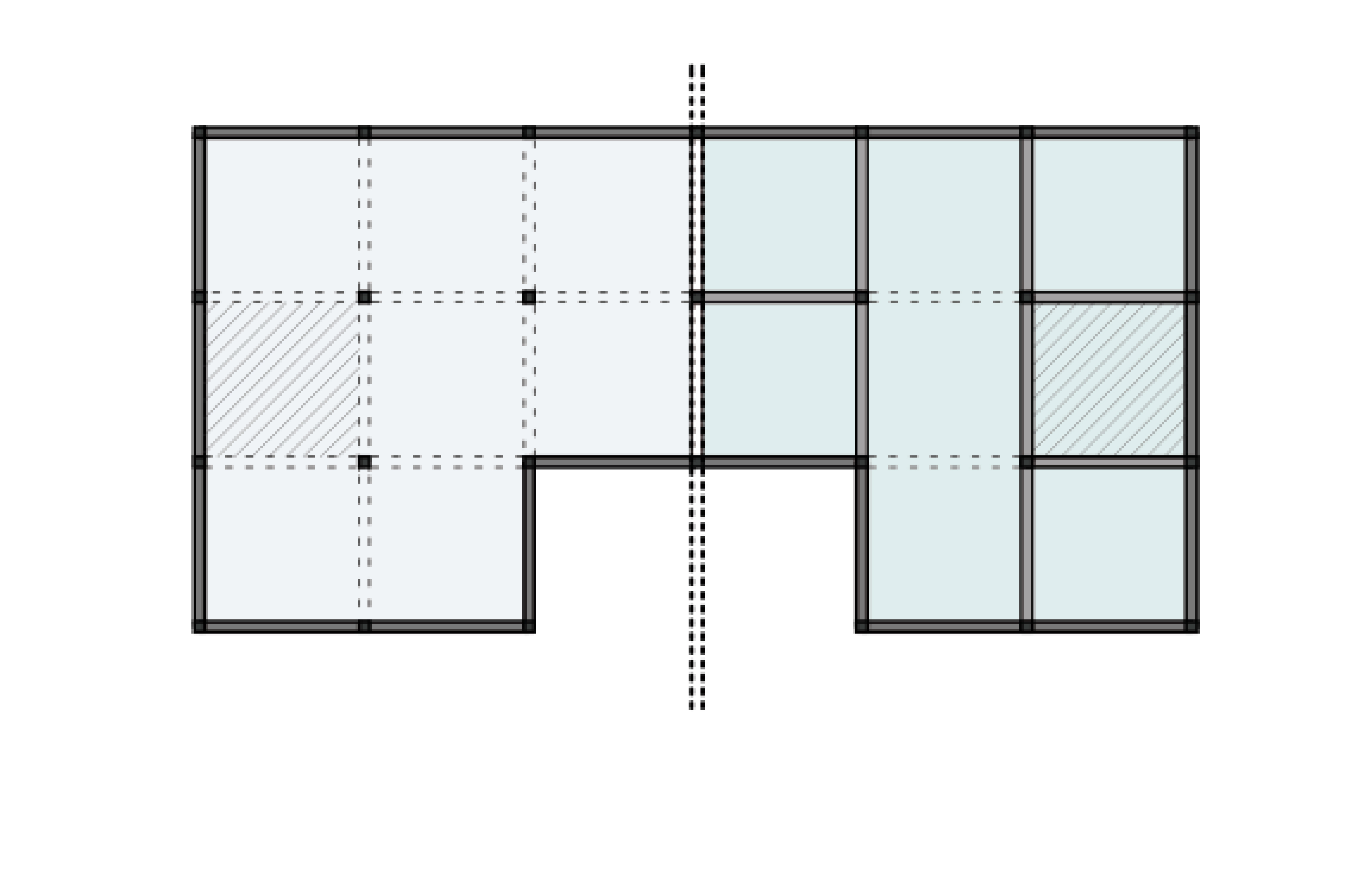 Der Holz-Skelettbau ist auf dem Raster 2,90 × 2,90 m aufgebaut. Durch den Verzicht auf tragende Trennwände sind die Grundrisse variabel konfigurierbar.