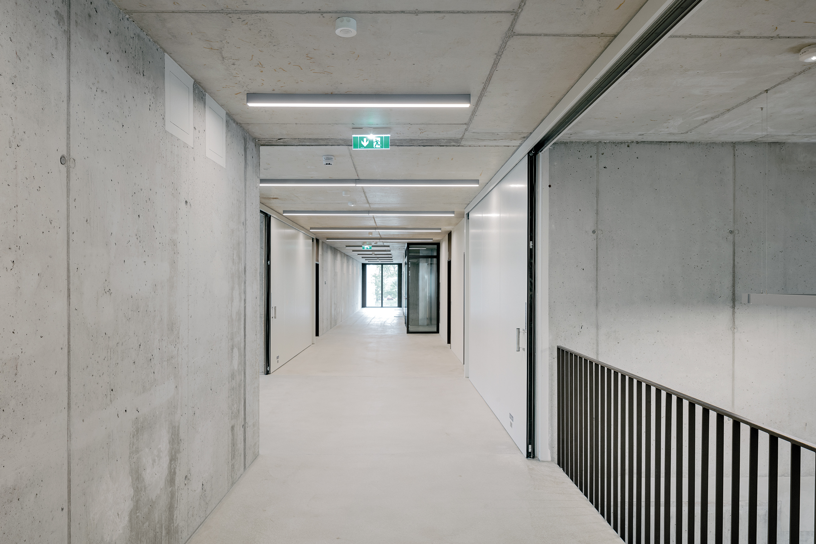 Die Mittelflure sind als Kommunikationsräume breiter als erforderlich. Beidseitig angelegte zweigeschossige Kunsträume sorgen für Tageslicht und Ausblicke.