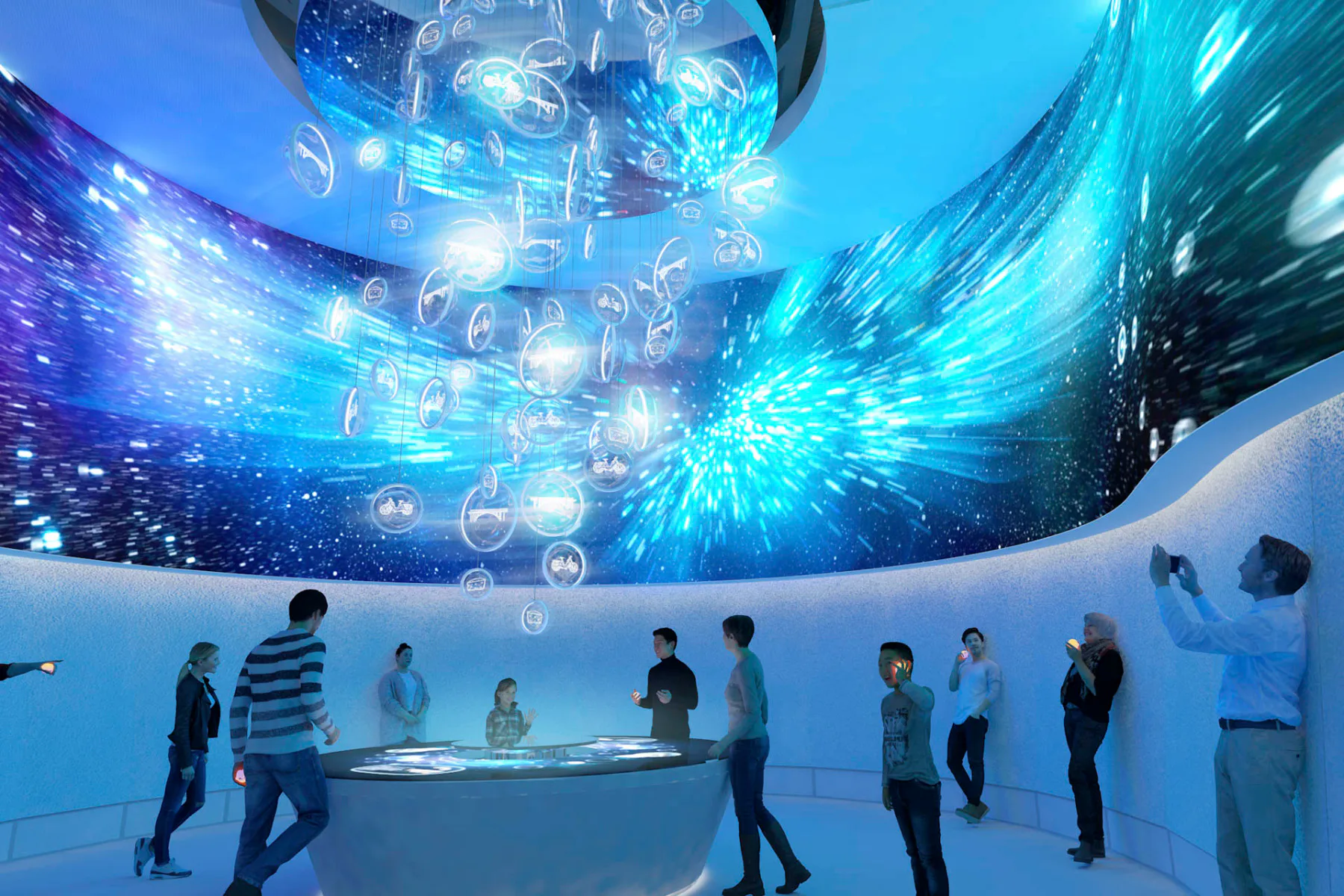 Interaktive Ausstellungselemente zeigen im Deutschen Pavillon innovative Wege für nachhaltiges Bauen und eine ressourcenschonende Zukunft. Rendering