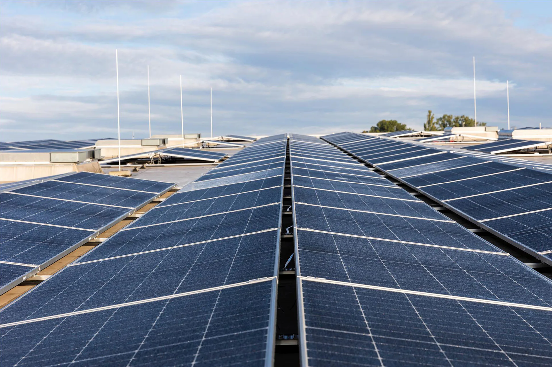 Insgesamt 21 000 Photovoltaik-Module auf sieben Hallen sowie einem Parkhaus werden die NürnbergMesse mit grünem Solarstrom versorgen.