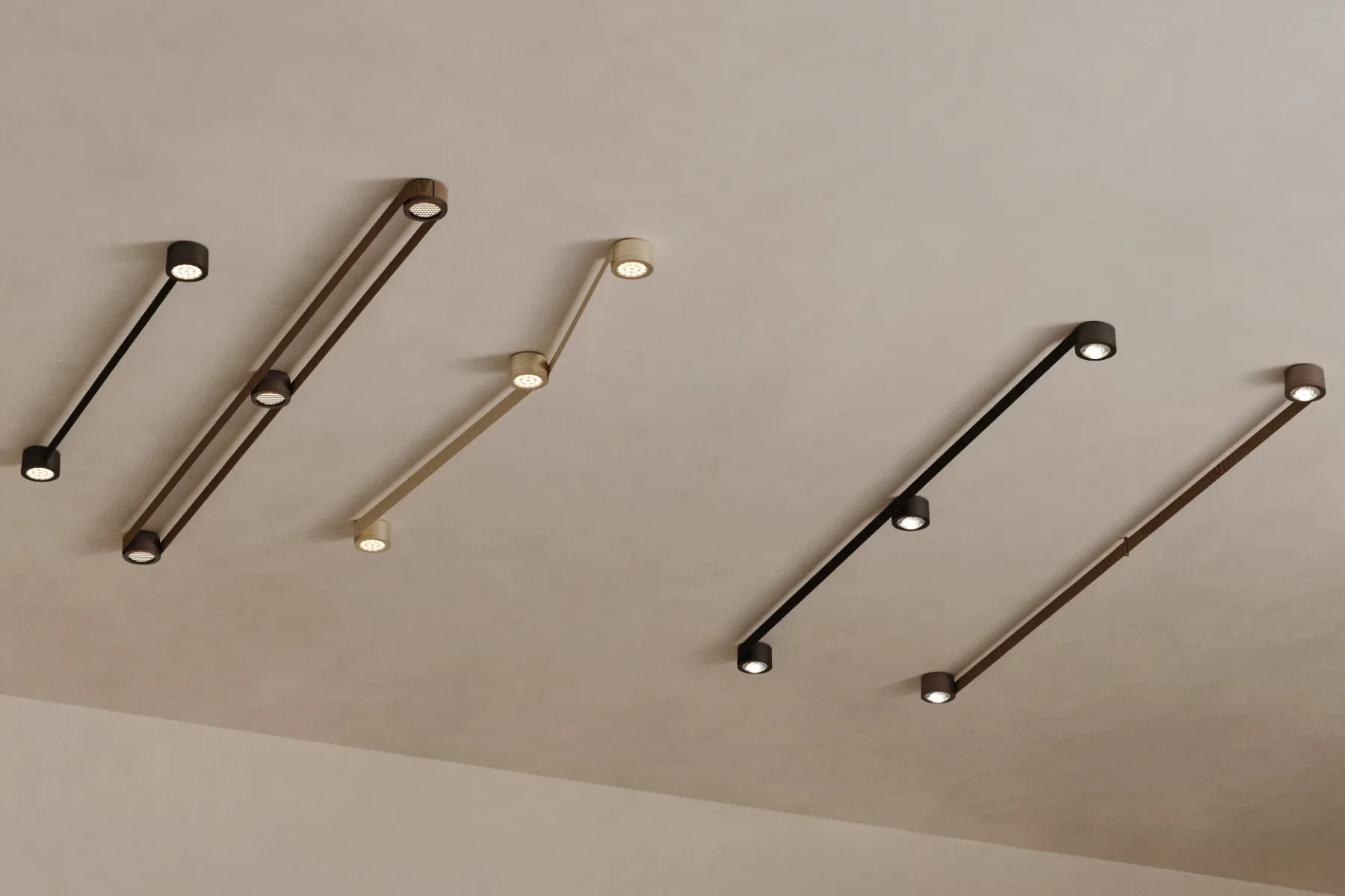 Mit nur einer einzigen Stromquelle können unbegrenzt Licht-Module an Decke und Wänden frei platziert werden. Das Gewebeband leitet vom Startmodul aus den Strom zum gesamten System.