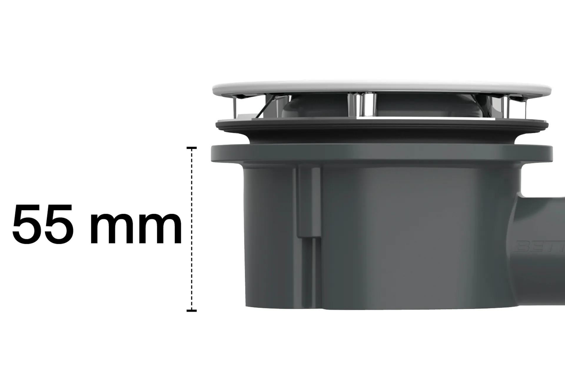 Mit einer Bauhöhe von nur 55 mm und einer Ablaufleistung von 0,5 l/s erfüllt die Ablaufgarnitur alle Anforderungen gemäß DIN EN 274. Die Sperrwasserhöhe von 50 mm schützt zuverlässig vor Gerüchen.