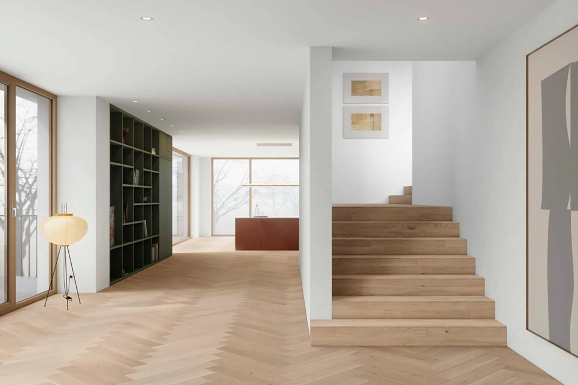 Nahtloser Übergang von Boden zu Treppe – mit Vectorpark lässt sich die Materialität über Ebenen hinweg durchgängig fortführen.