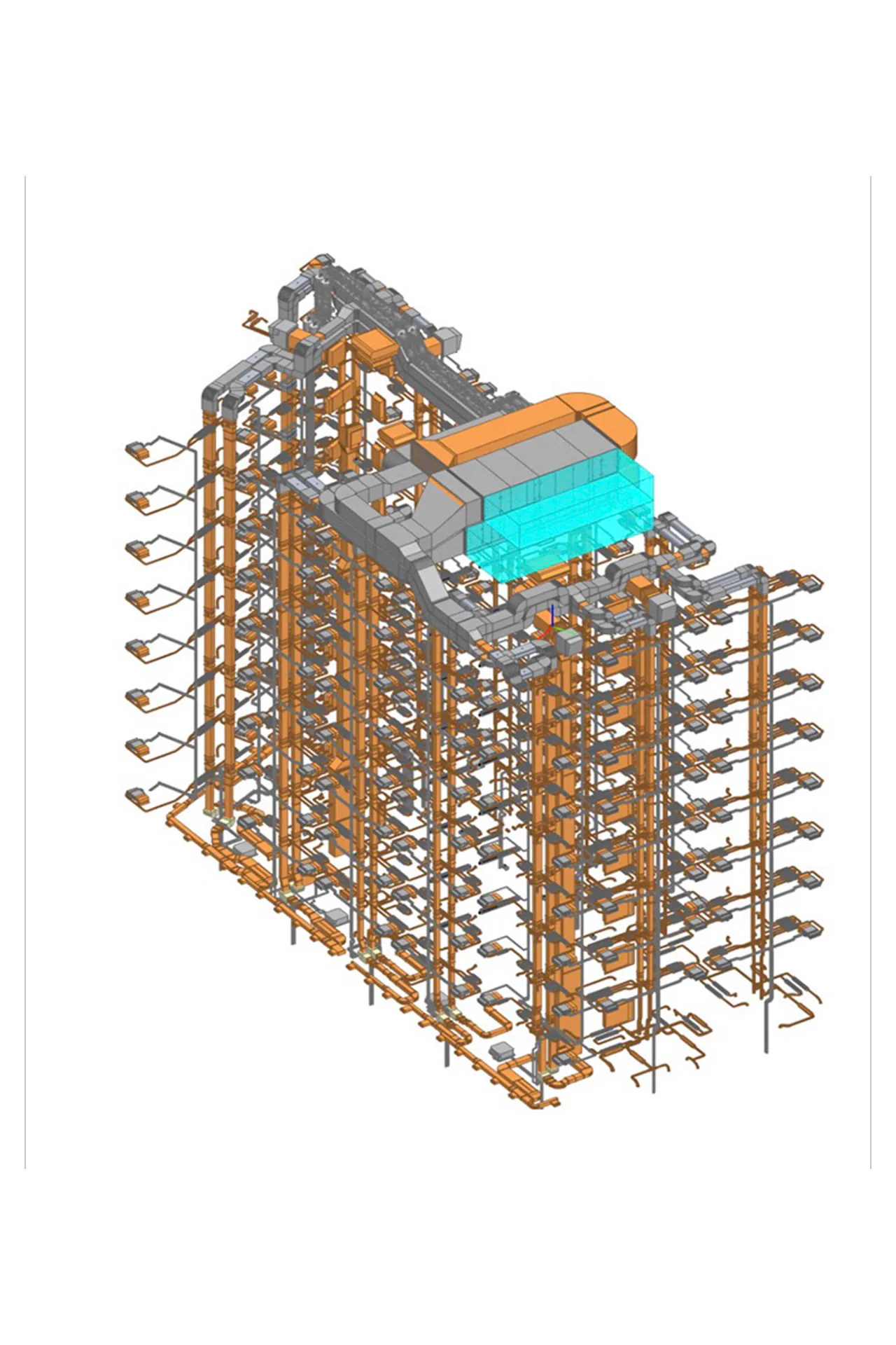 Konventionelle TGA-Planung: Umfangreiche Leitungsführungen und dezentrale Technikmodule mit Fernwärmeanschluss sorgen für hohe Komplexität und großen Technikflächenbedarf im Gebäude.