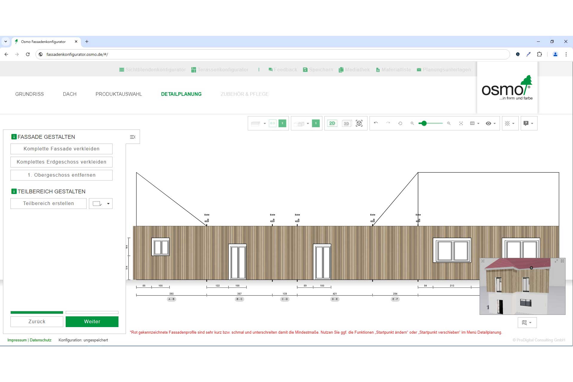 Der Osmo Fassadenkonfigurator ist der einzige Konfigurator, der eine Fassade fachlich korrekt und mit absoluter Präzision konstruiert und dem Anwender eine komplette Materialliste mit allen notwendigen Produkten und Zubehörteilen an die Hand gibt.