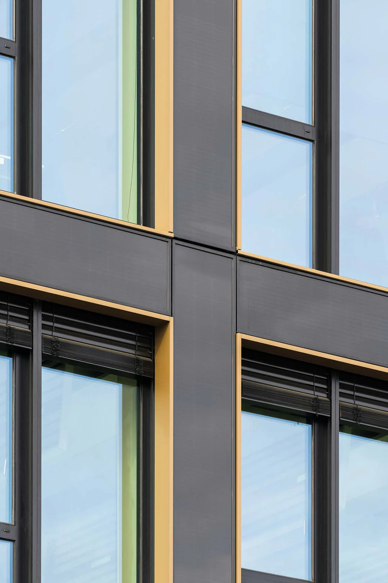 Die bronzefarbenen Einfassungen der Fenster bilden einen dezenten Kontrast zum annähernd schwarzen Farbton der Fassadenelemente.