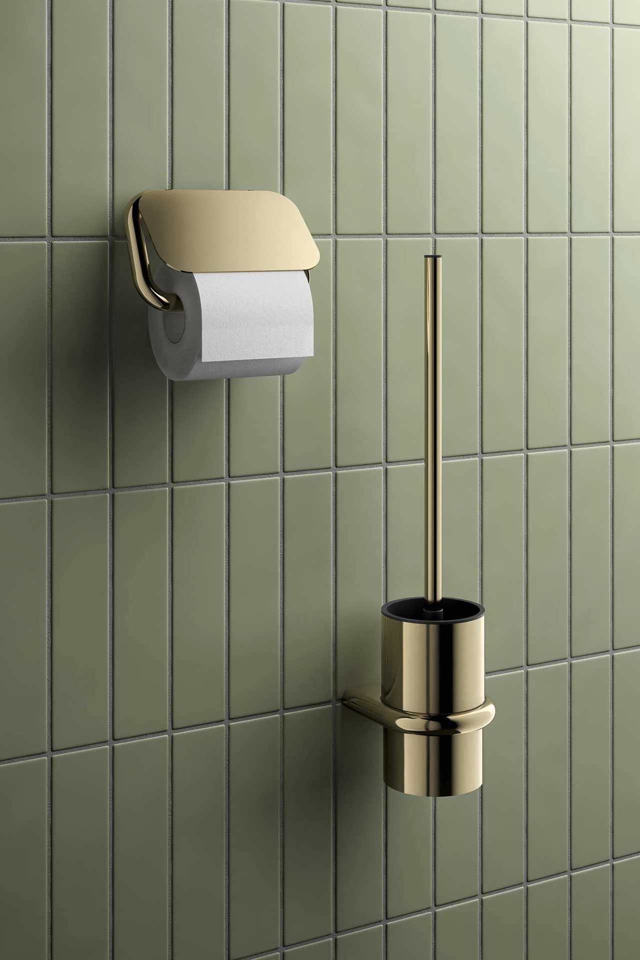 Der WC-Papierhalter und die WC-Bürstengarnitur der Hewi Serie 480 in Messing glänzend setzen edle Designhighlights.