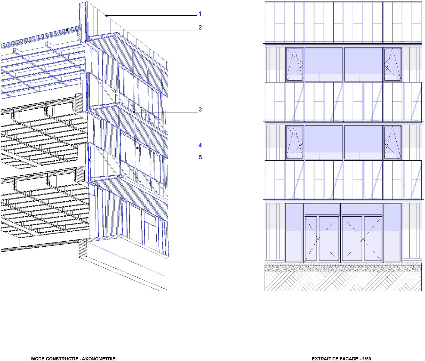Axonometrie und Ansicht der Fassade, Grafik
