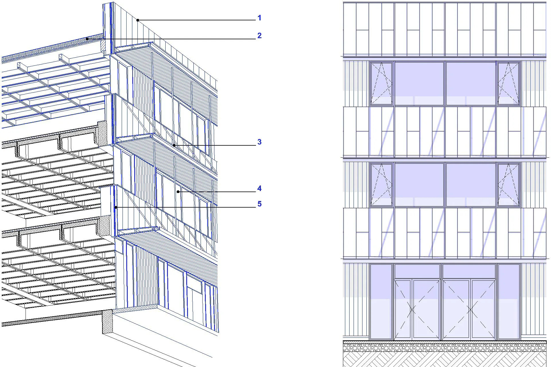 Axonometrie und Ansicht der Fassade, Grafik