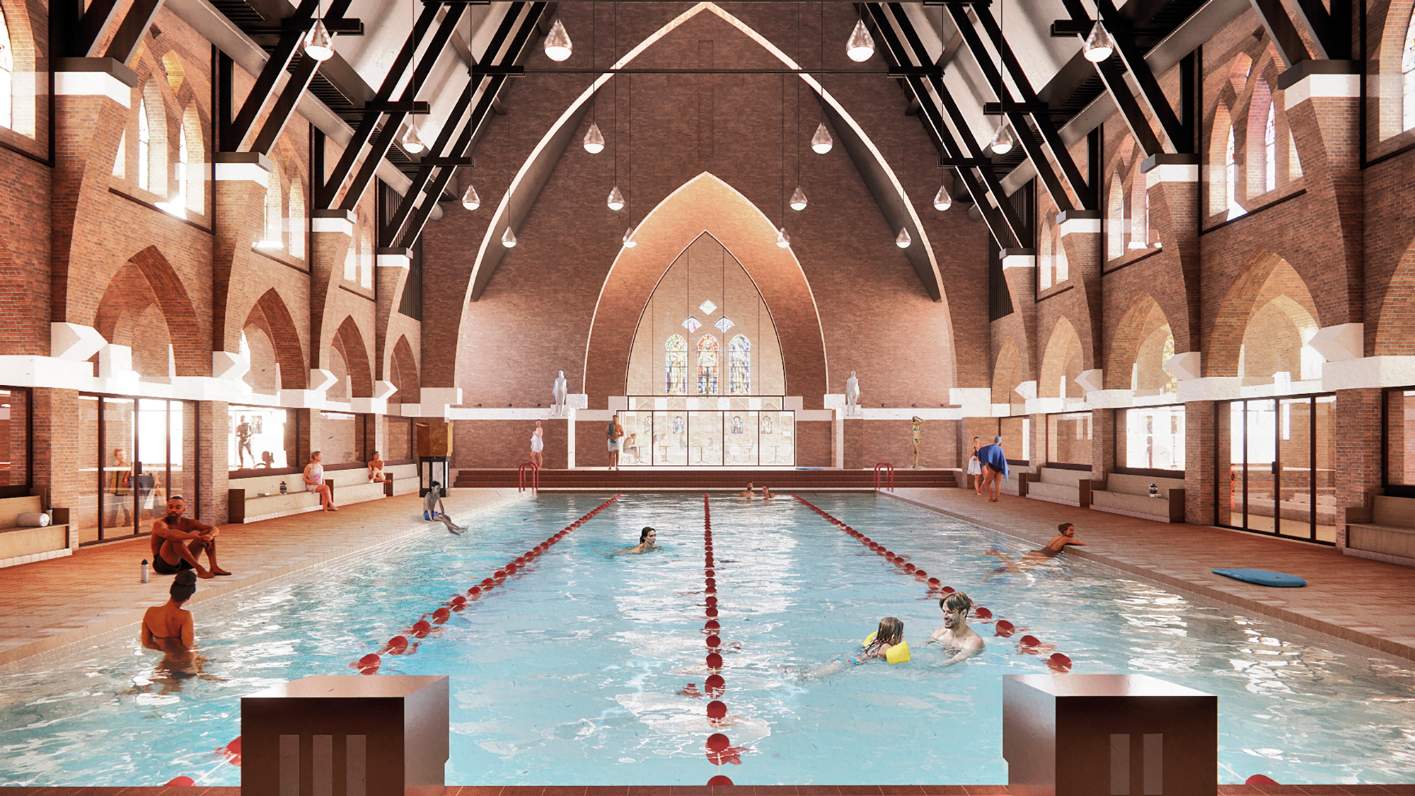 Swimming laps instead of praying: MVRDV planned the conversion of the 100 years old St. Francis Church in Heerlen into a swimming pool.
