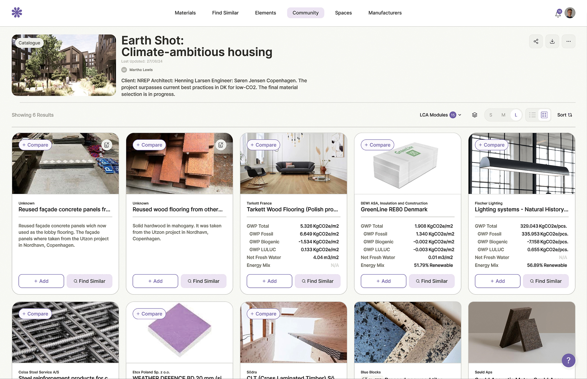 Revalu-Plattform: Die Materialauswahl der Ripple Residence – darunter wiederverwendete Betonfassadenplatten aus dem Utzon-Projekt in Nordhavn – erfasste Henning Larsen über das „Custom Material“-Feature und dokumentierte sie dort.