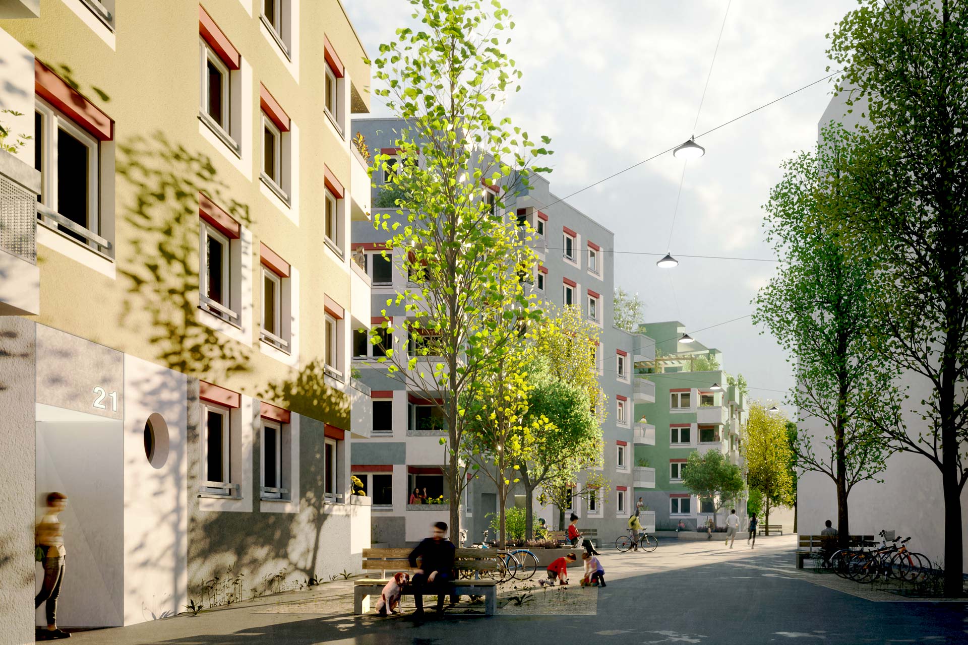 Visualisierung der Straßenansicht des von 03 arch. geplanten Bauabschnitts an der Truderinger Straße.