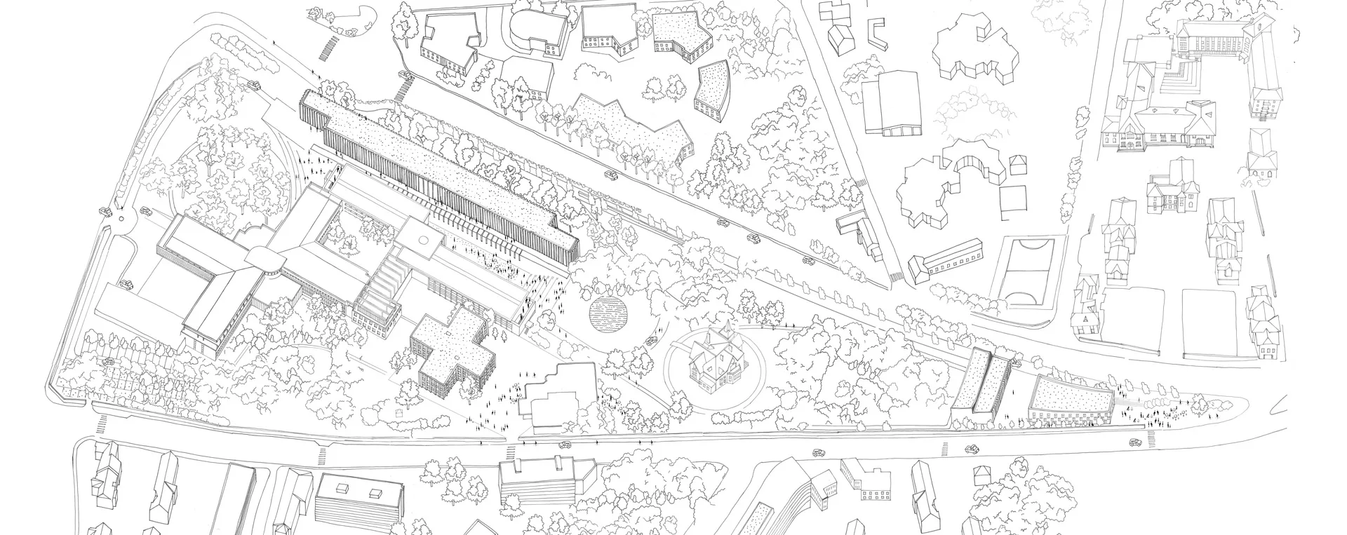 Lageplan des Areals, rechts der Neubau der Designfakultät, Grafik