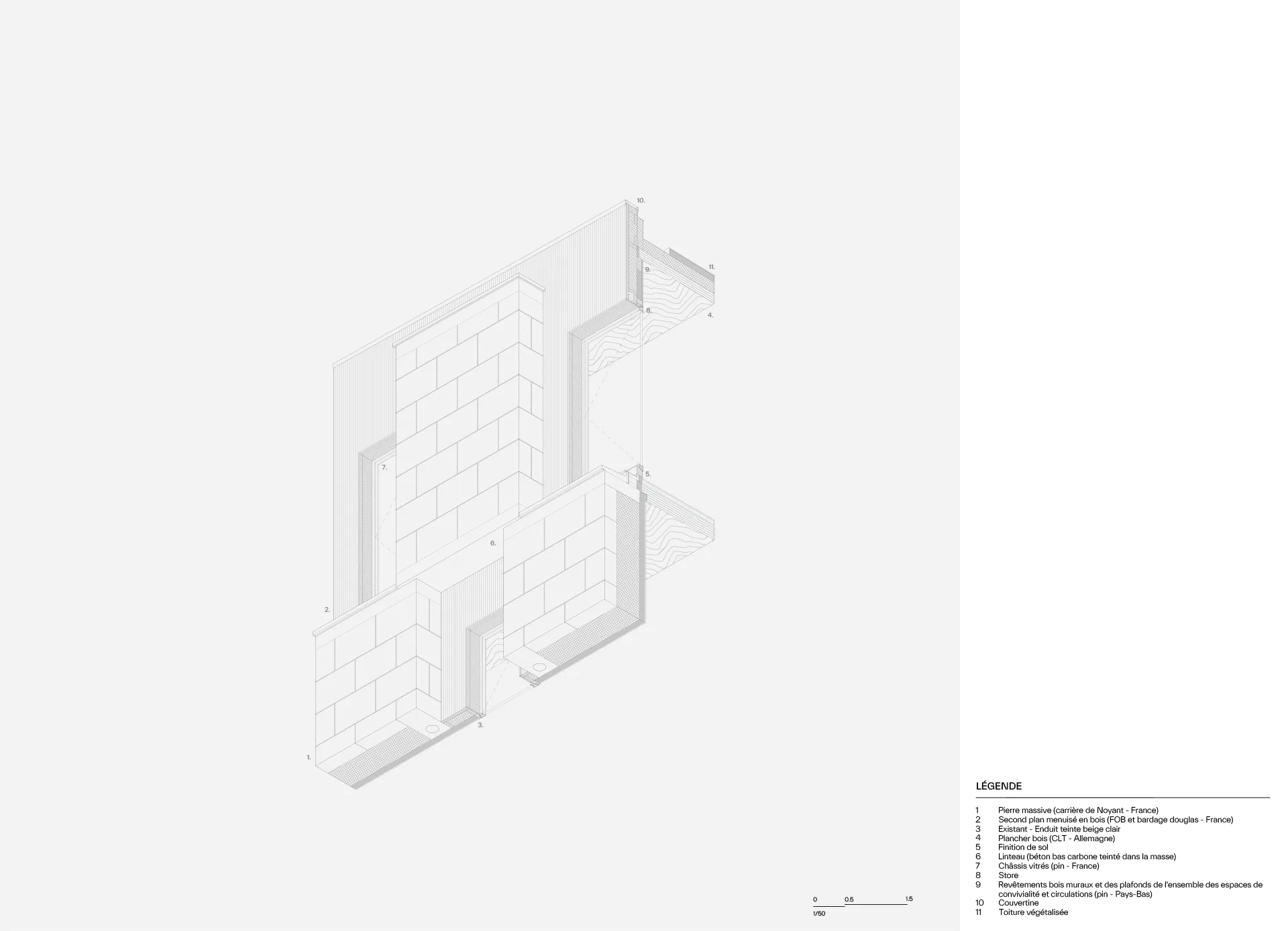 Axonometrie des Wandaufbaus, Grafik
