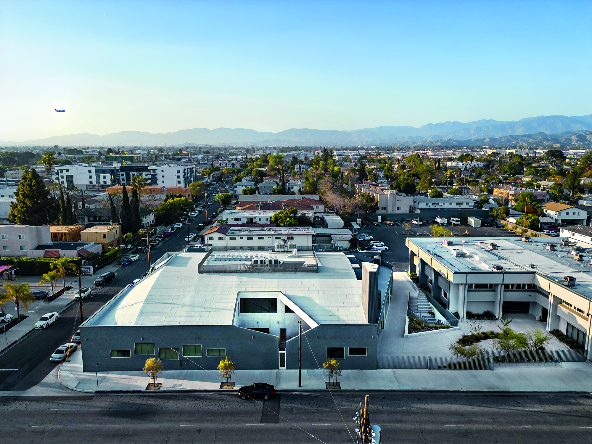 The Victory Wellness Center is located in a mixed use area in the district of North Hollywood. The masonry brick facade of the former warehouse was preserved.