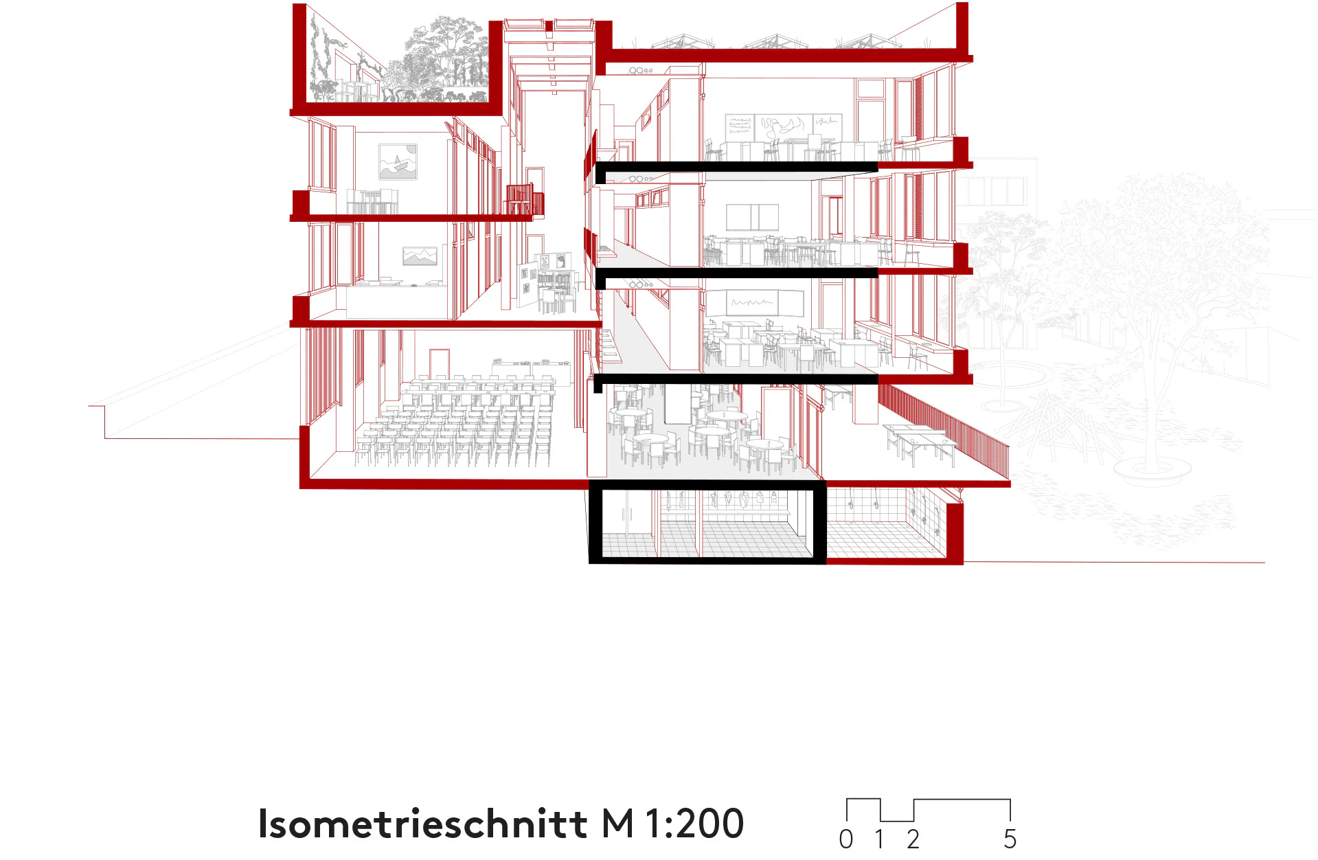 Das Bestandsgebäude wird von einem Neubau in Holzbauweise ummantelt. Grafik