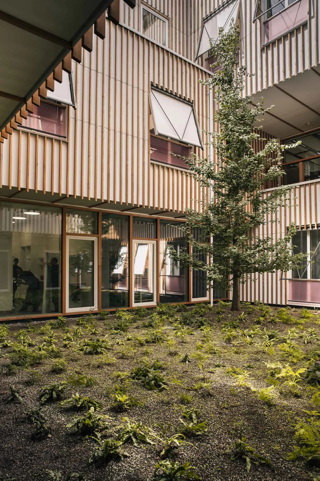 Inner courtyards of various designs bring light and greenery into the building.