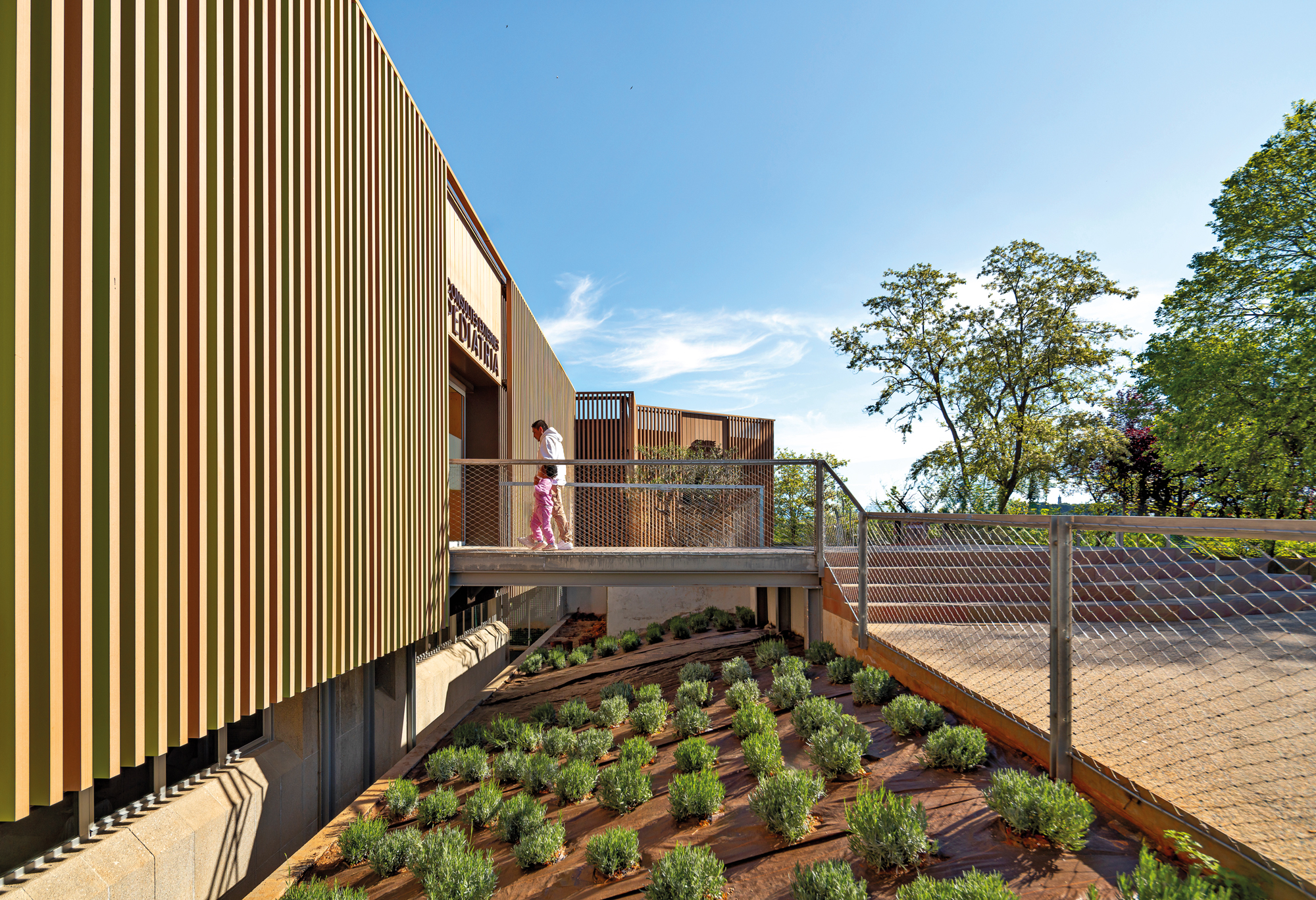 The translucent facade comprised of composite elements appears colourful in a restrained way. Compared to a variant consisting of wood, its advantage is the lower maintenance cost.