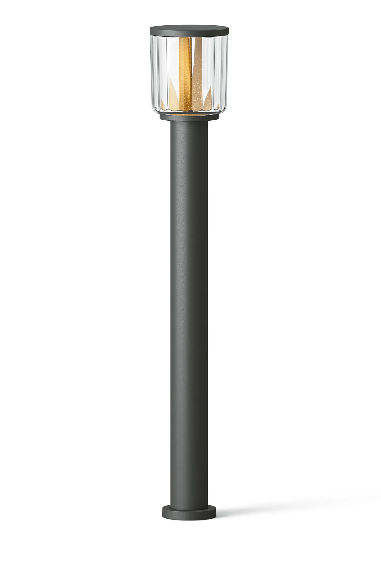 Die Wegeleuchte mit Aufschraubsockel, Höhe 1000 mm. Der geriffelte Leuchtkörper streut 600 Lumen bei 2700 Kelvin, nach oben tritt kein Licht aus.
