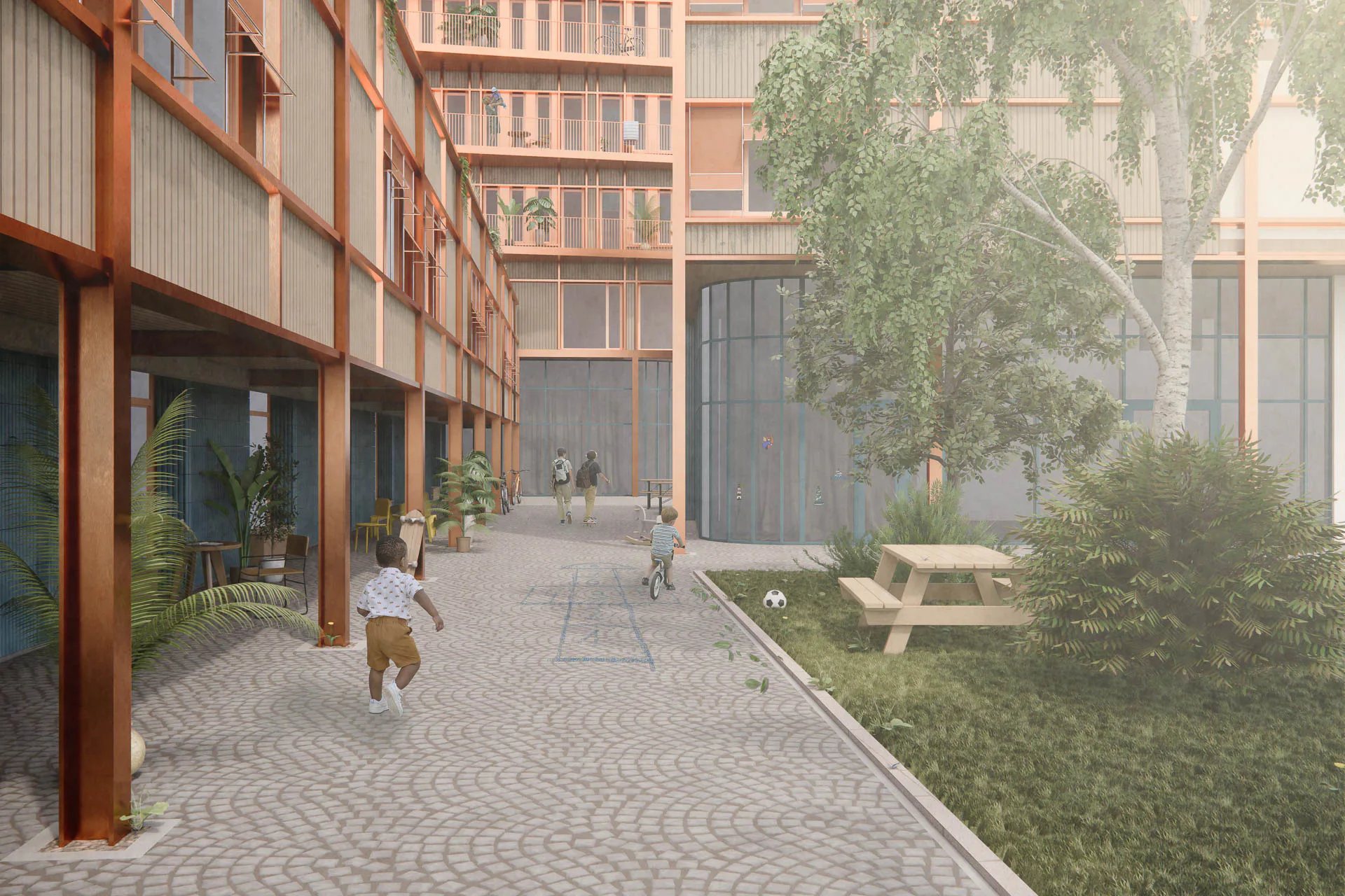 Ein Café, Jugendzentrum, eine Kita und Shops sollen die Eigenständigkeit fördern und Gemeinschaft stiften. Rendering