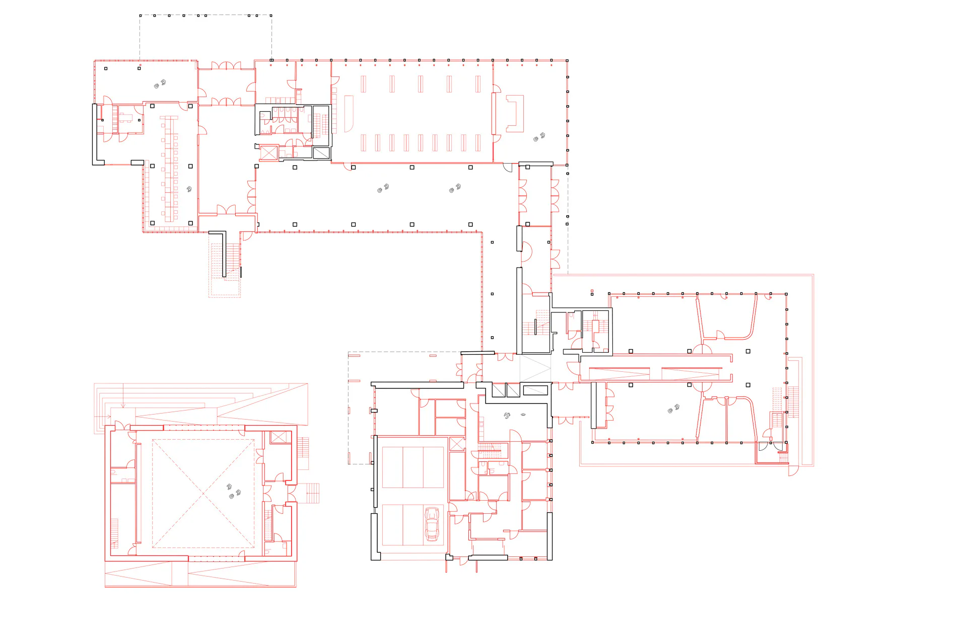 Grundriss Erdgeschoss (neue Bauteile sind rot dargestellt), Grafik