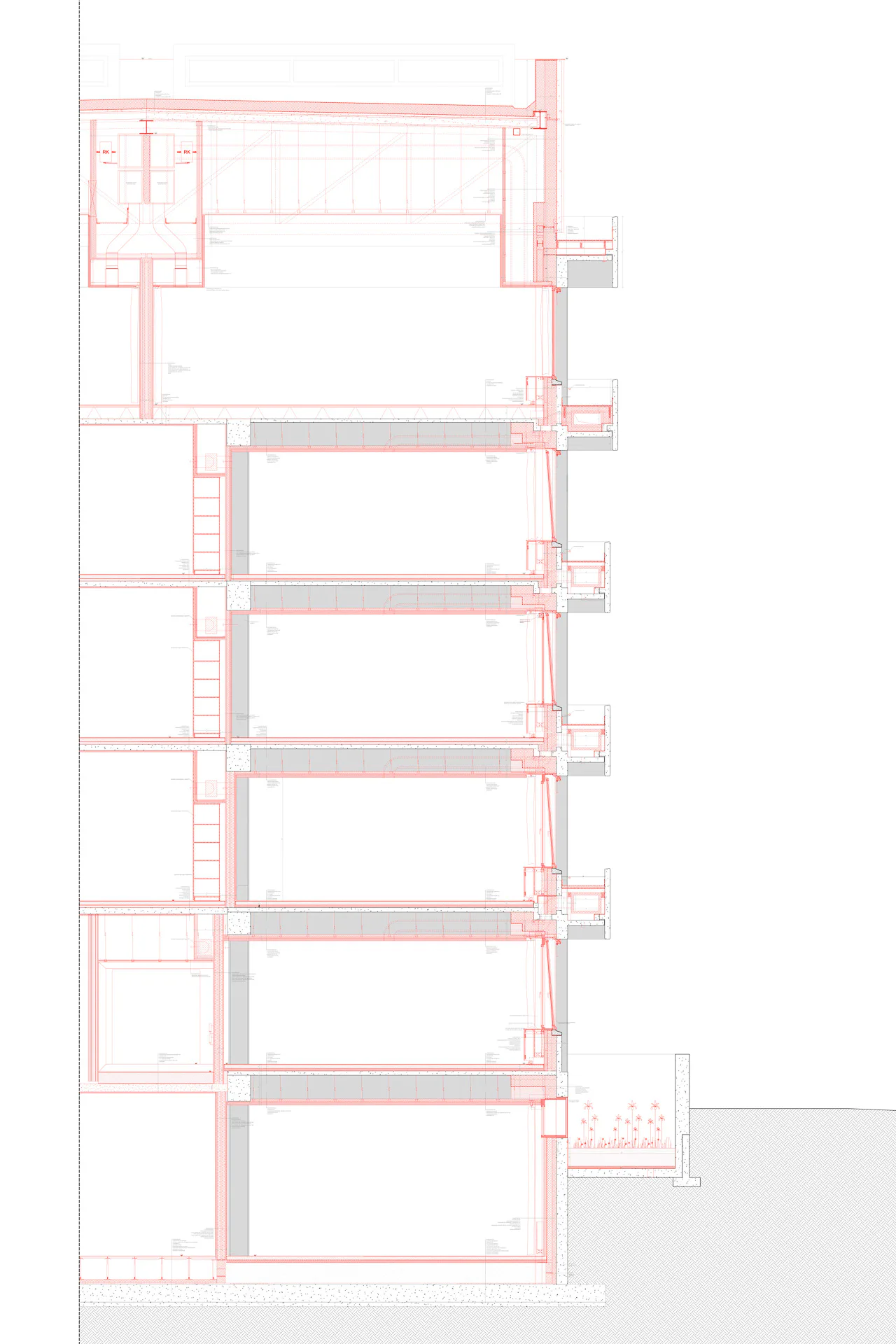 Detailschnitt der Musikakademie mit den Lüftungsleitungen auf den Balkonen, Grafik