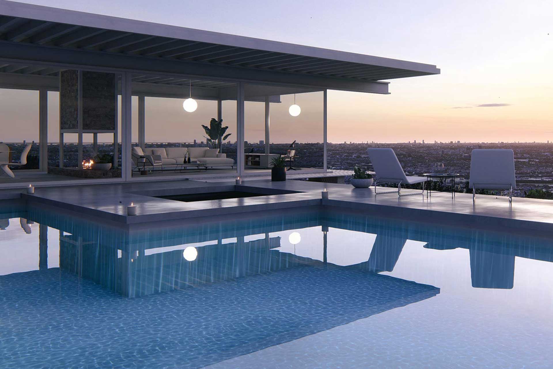 Ein Hauch Hollywood-Hills. Luxuriöse Hang-Villa mit Pool bei Sonnenuntergang.