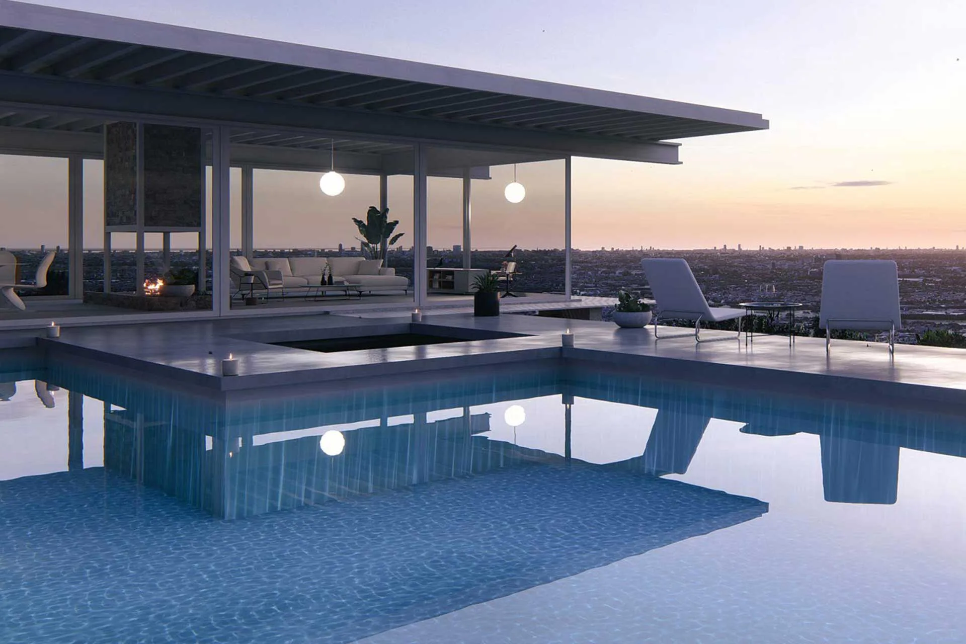 Ein Hauch Hollywood-Hills. Luxuriöse Hang-Villa mit Pool bei Sonnenuntergang.