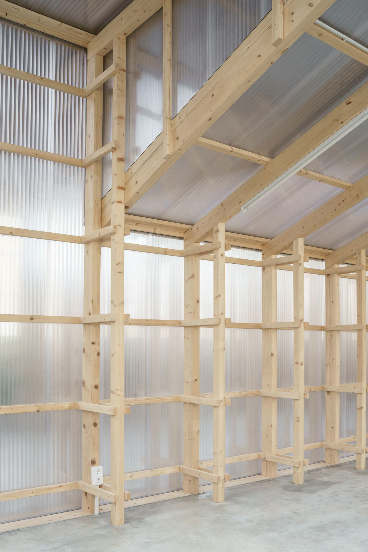 Die Holzkonstruktion bleibt sichtbar, die Stegplatten belichten den Raum flächig. Die Steckdose der Serie LS CUBE sitzt aufputz direkt auf dem Holz.