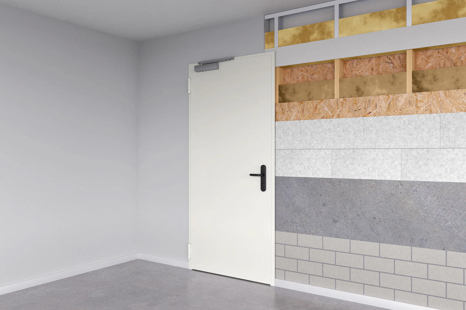 Die Modultür von Teckentrup passt sich Mauerwerk, Beton, Porenbeton und Leichtbauwänden an. Eine Gegenzarge ermöglicht die Montage auch in Holzständer- und Leichtbauständerwänden.