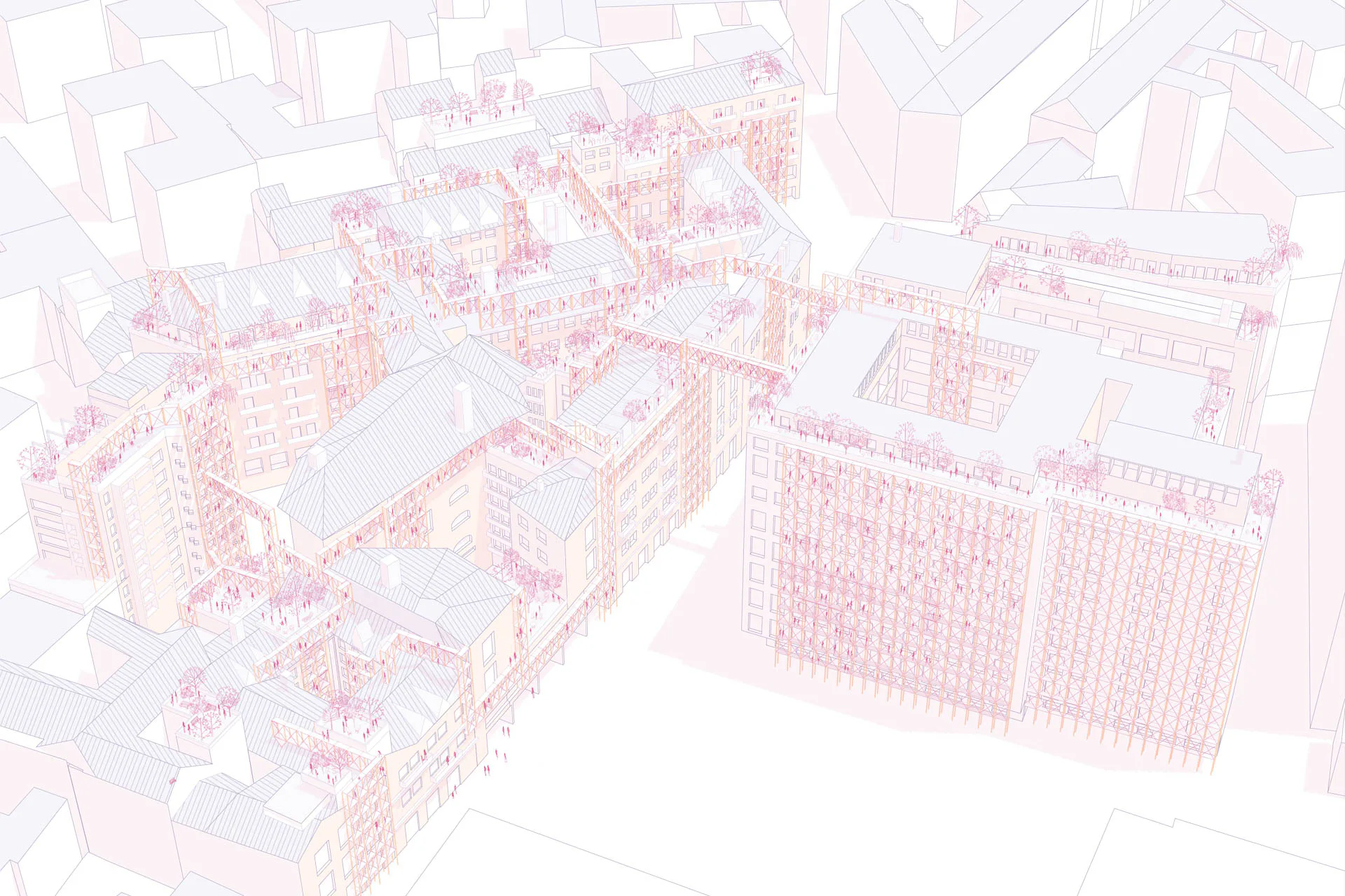 Die Baugerüste werden als neuen Stadtraum genutzt.