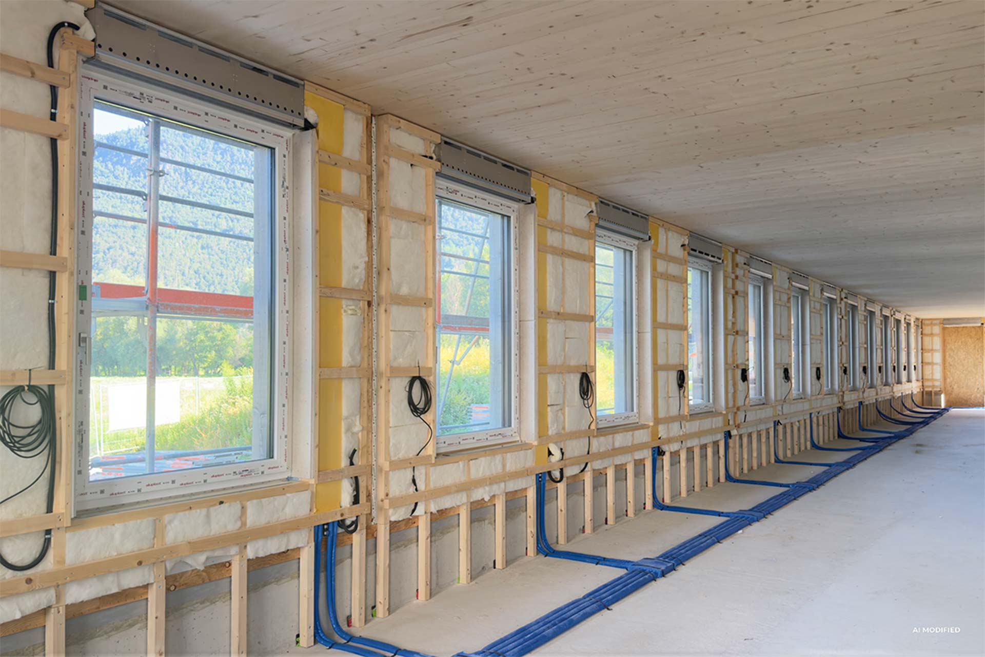 Vorinstallierte WINDOW FRAME und Leitungspakete werden im Holzrohbau nur noch mit dem Versorgungsschacht verbunden