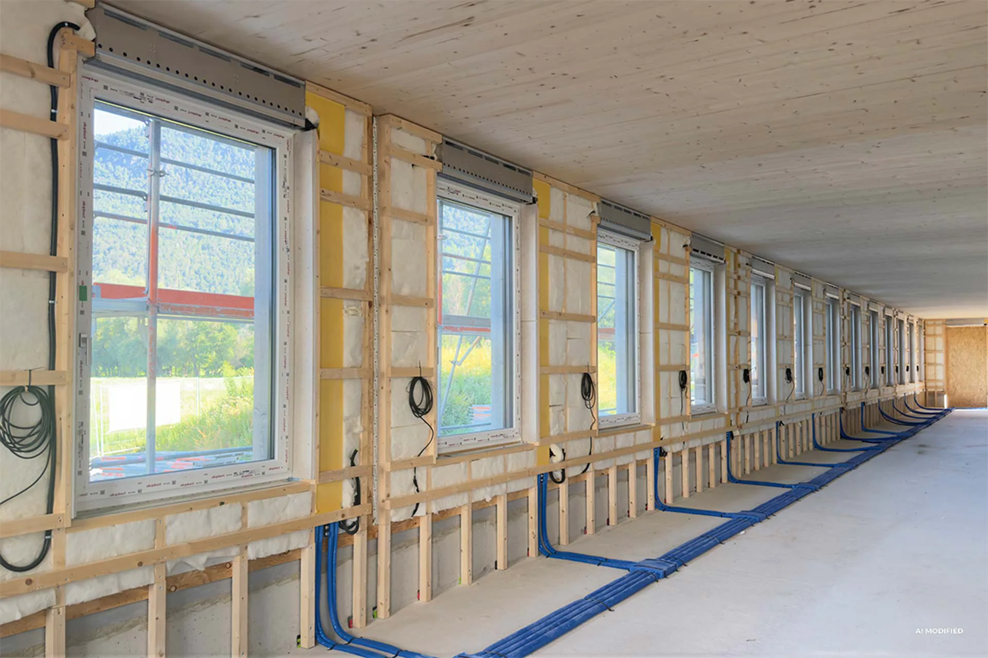 Vorinstallierte Window Frame und Leitungspakete werden im Holzrohbau nur noch mit dem Versorgungsschacht verbunden.