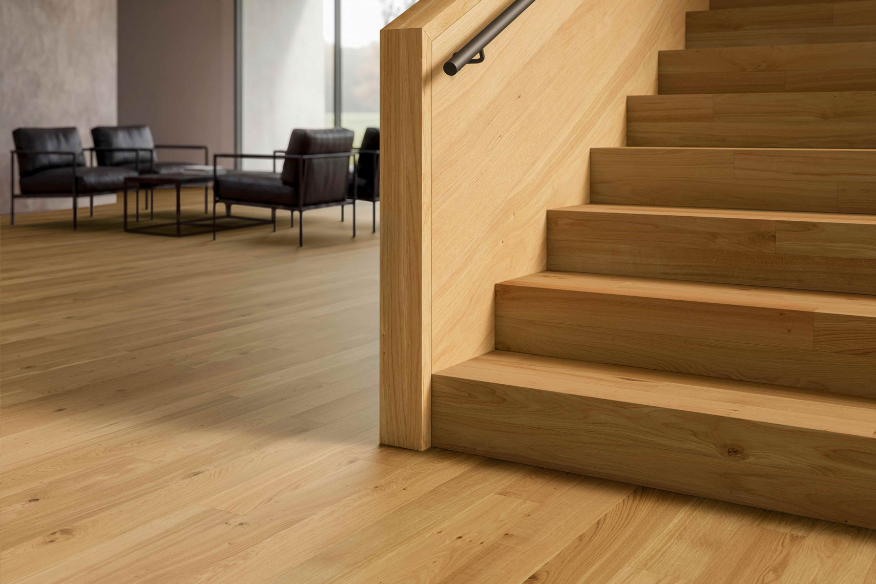 Boden und Treppe aus einem Guss: individuelle Treppenlösungen mit gleicher Struktur, Farbe und Oberflächenbehandlung.