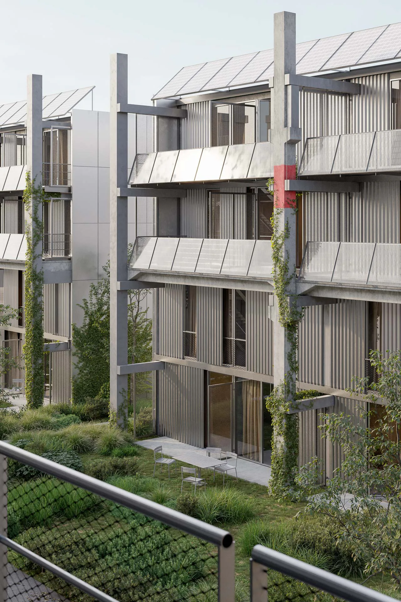 Die Parkhausstützen werden in voller Länge wiederverwendet. Bei den viergeschossigen Zeilenbauten dienen sie als außenliegendes Tragwerk für die Laubengänge.