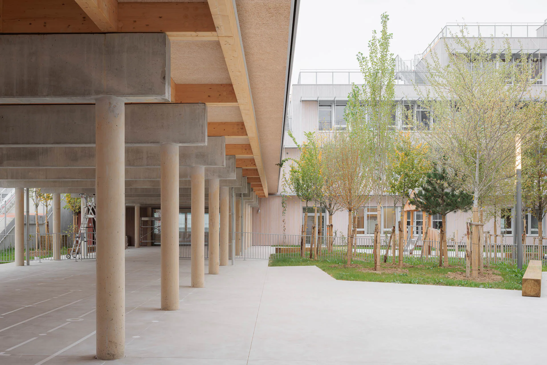 Betonstützen gliedern einen Teilbereich des Innenhofs und tragen den Lerngarten des 1. Obergeschosses.