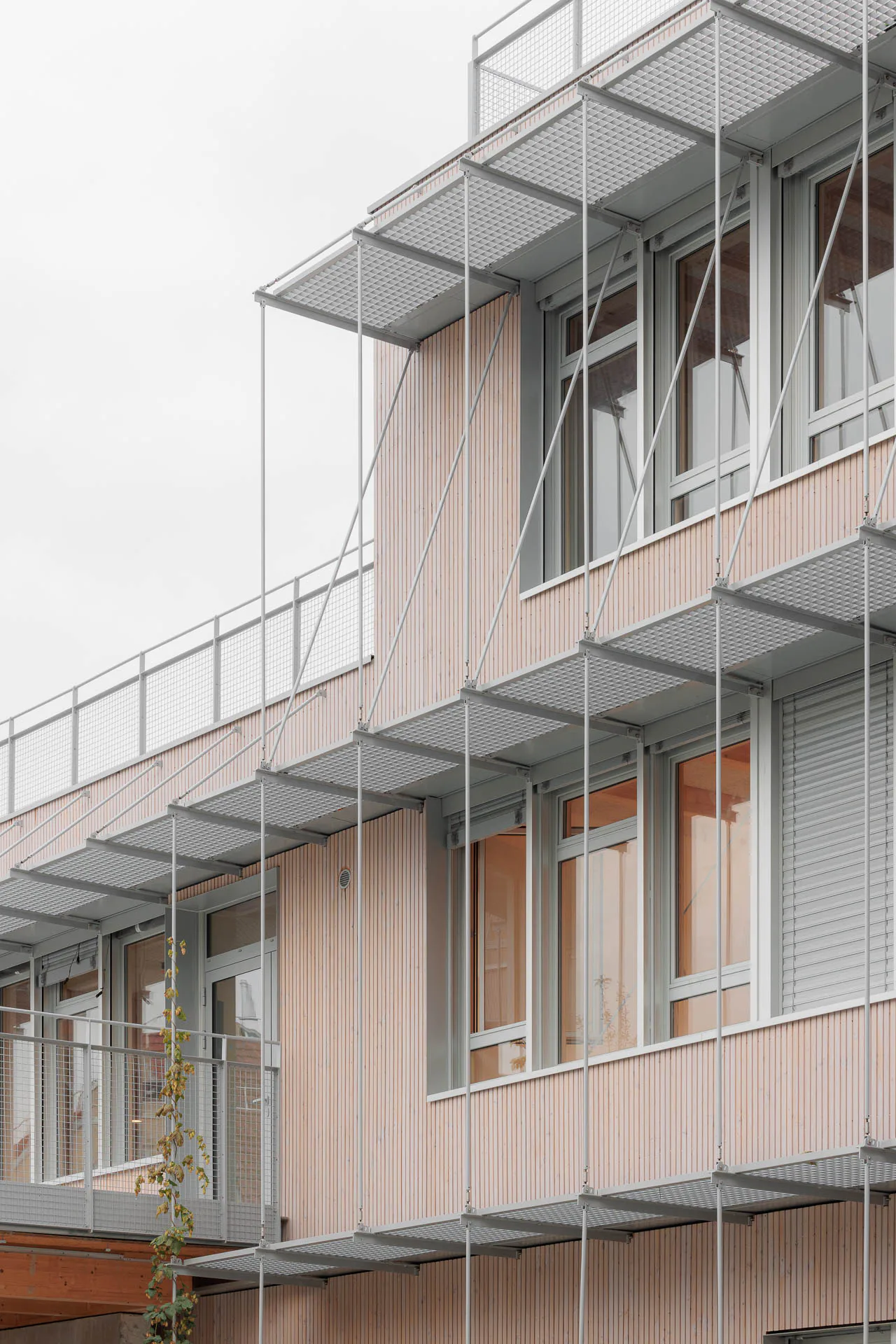 Die vertikalen Stahlrohre nehmen das Raster der Fassade auf.