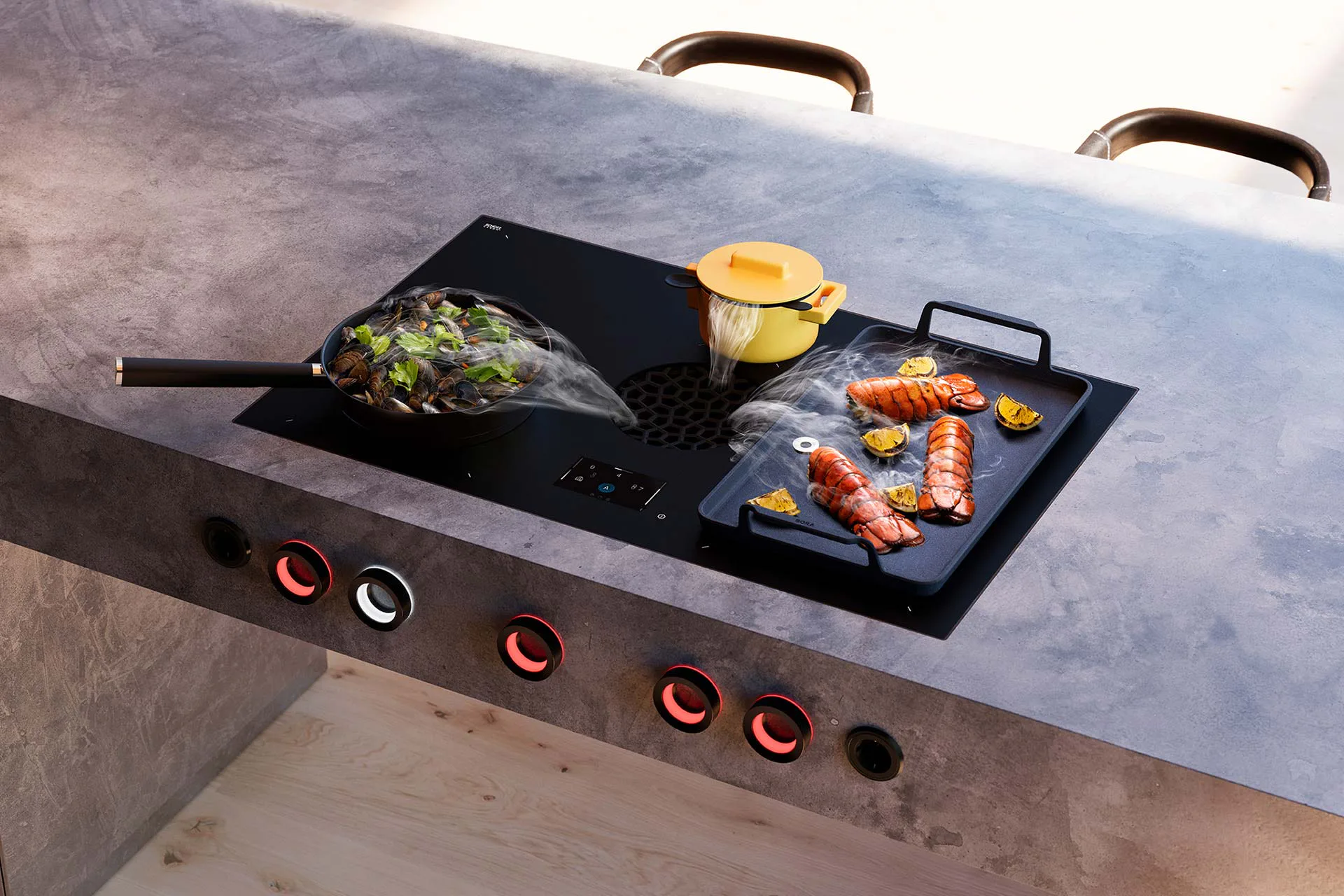 BORA X Pure Max: Das Kochfeldabzugssystem mit 5 Kochzonen verbindet maximale Flexibilität beim Kochen mit integriertem Dunstabzug und minimalistischem Design.