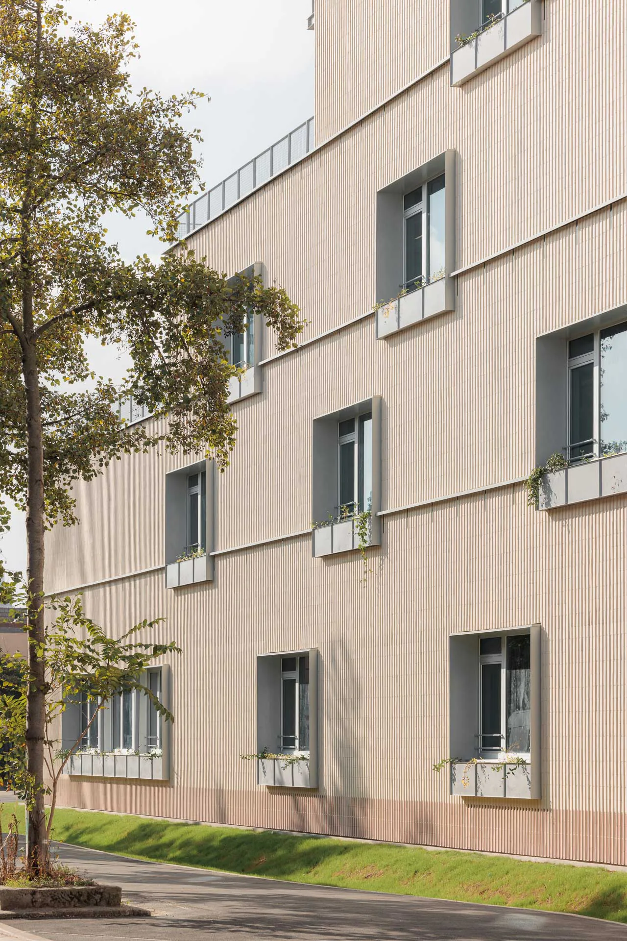 Die Abstufung der Gebäudekubatur spiegelt sich in der Anordnung der Fenster wider.