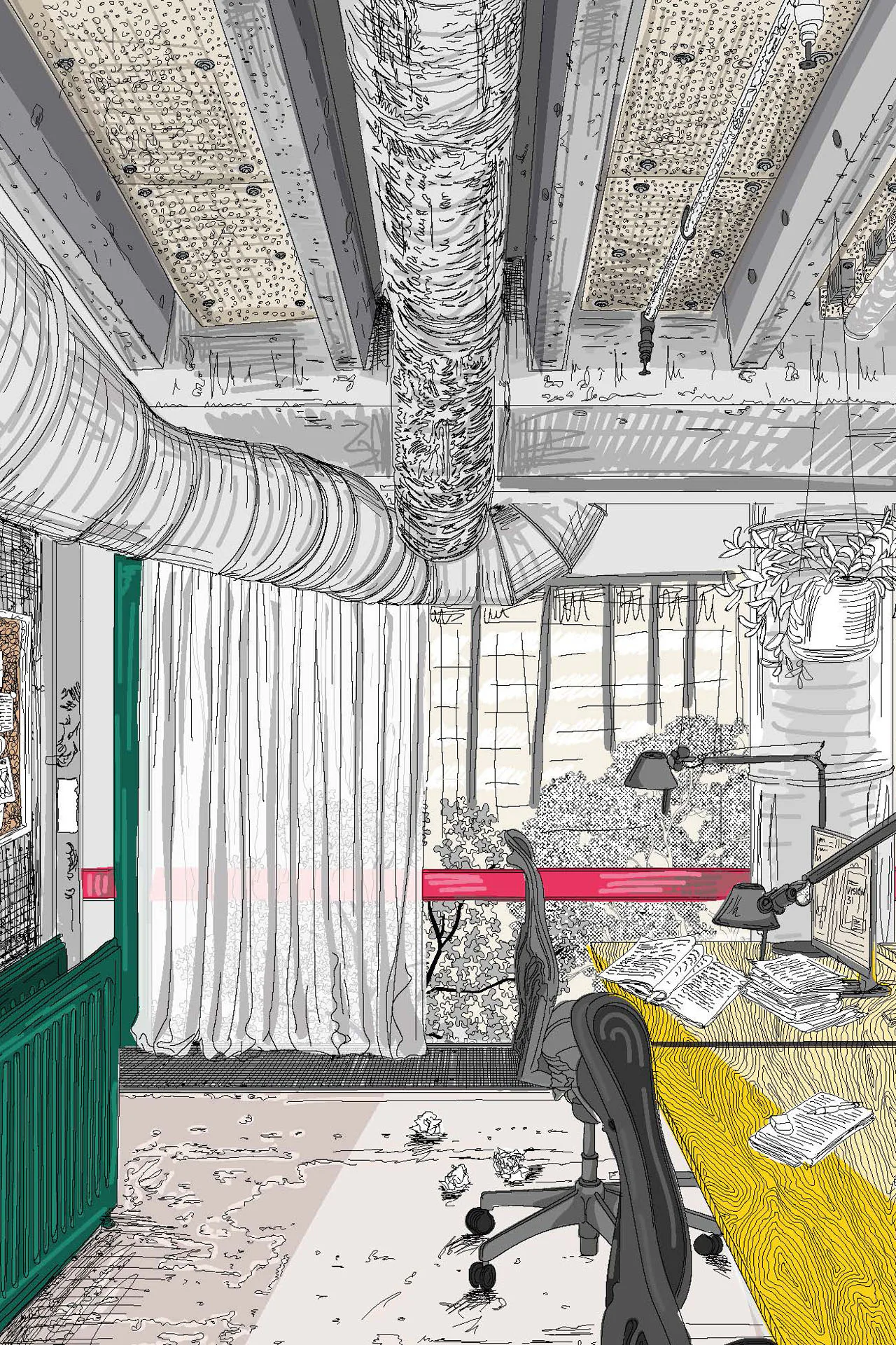 Die illustrative Darstellung zeigt ein Arbeitsraum im "Haus der Bevölkerung"