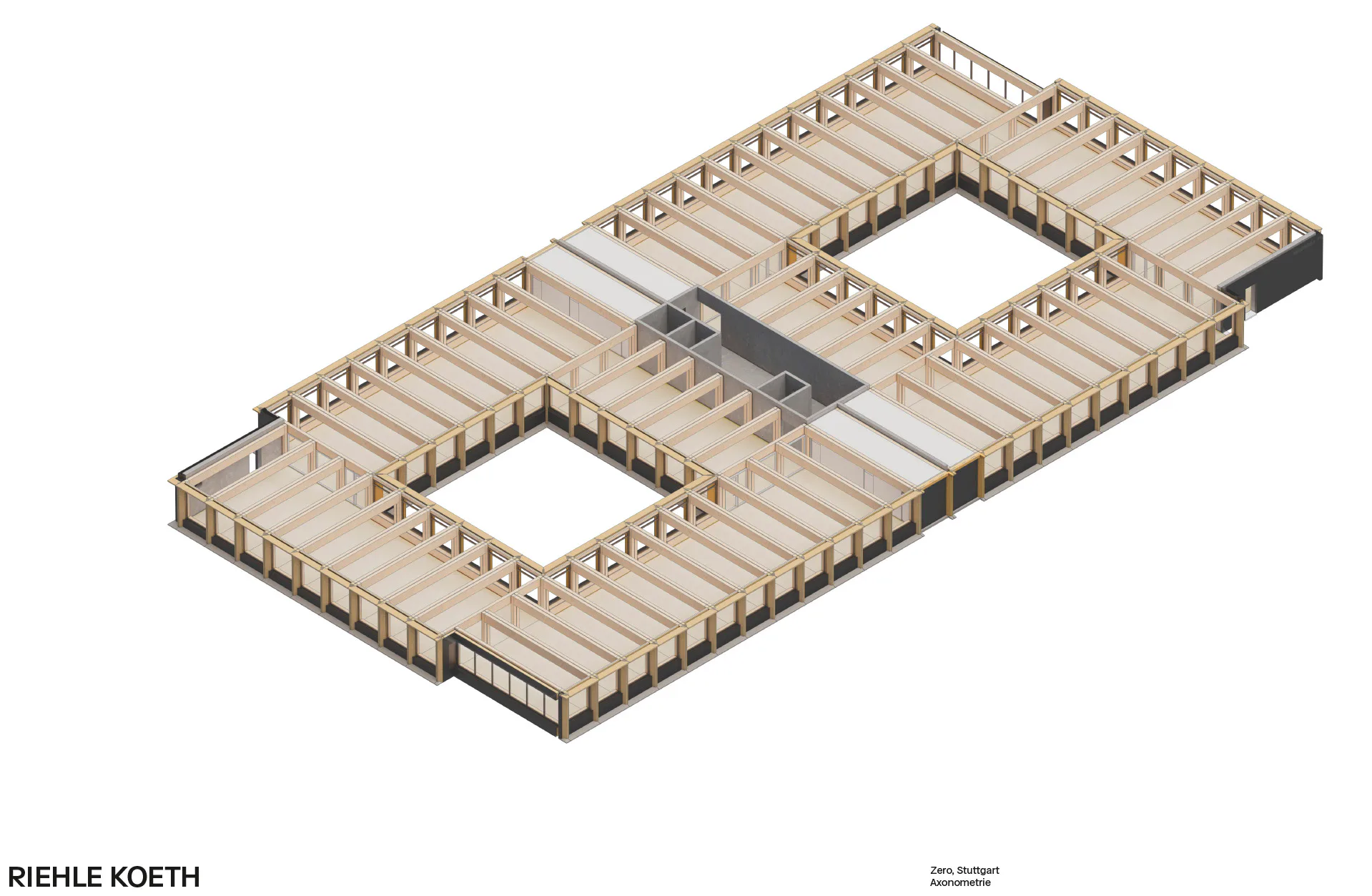 Die windmühlenartige Anordnung der Raummodule erzeugt einen umlaufenden OpenSpace Büro-Loop, Axonometrie